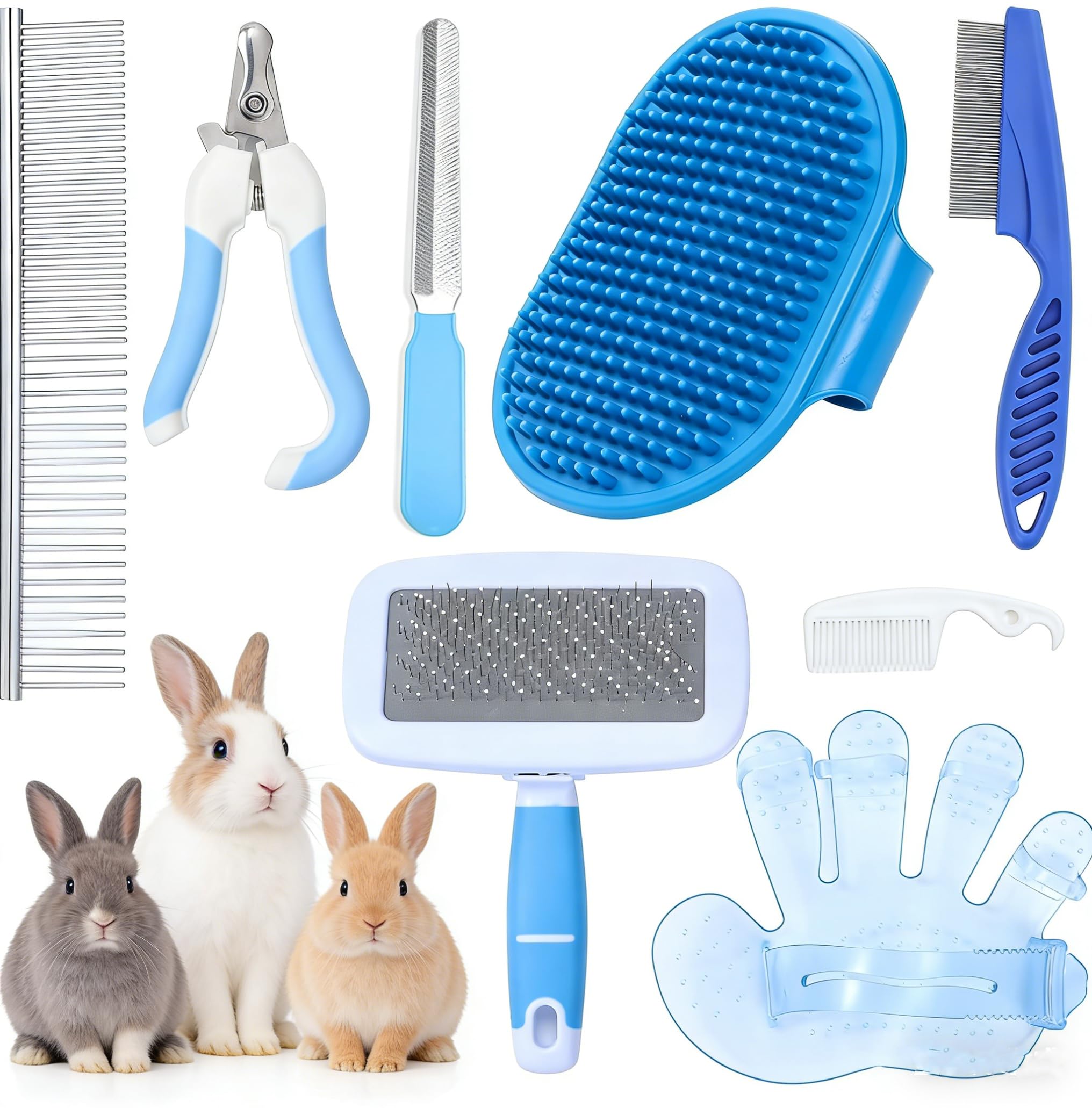 8 PCS Small Animal Pet Grooming Kit Pet Shedding Slicker Brush, Rabbit Bunny Grooming Kit, Bath Massage Glove, Pet Nail Clipper Trimmer for Puppy, Kitten, Guinea Pig, Hamster, Ferret