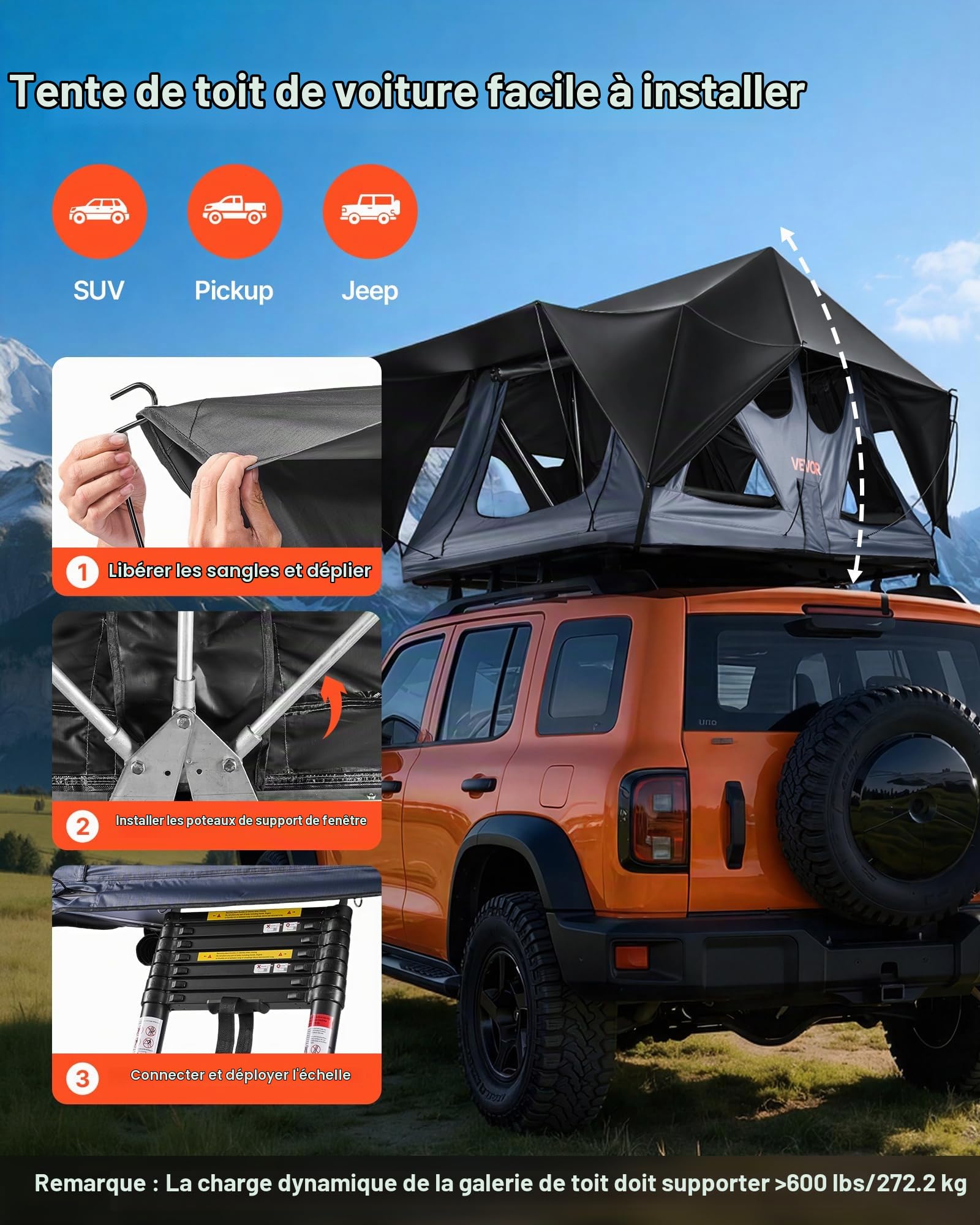 VEVOR Tente de Toit pour Voiture Pliable, Tente de Toit à Coque Rigide pour 2-3 Personnes, pour Camping Caravane SUV, en Aluminium, Étanche et Coupe-Vent, avec Éclairage LED, Matelas et Fenêtres
