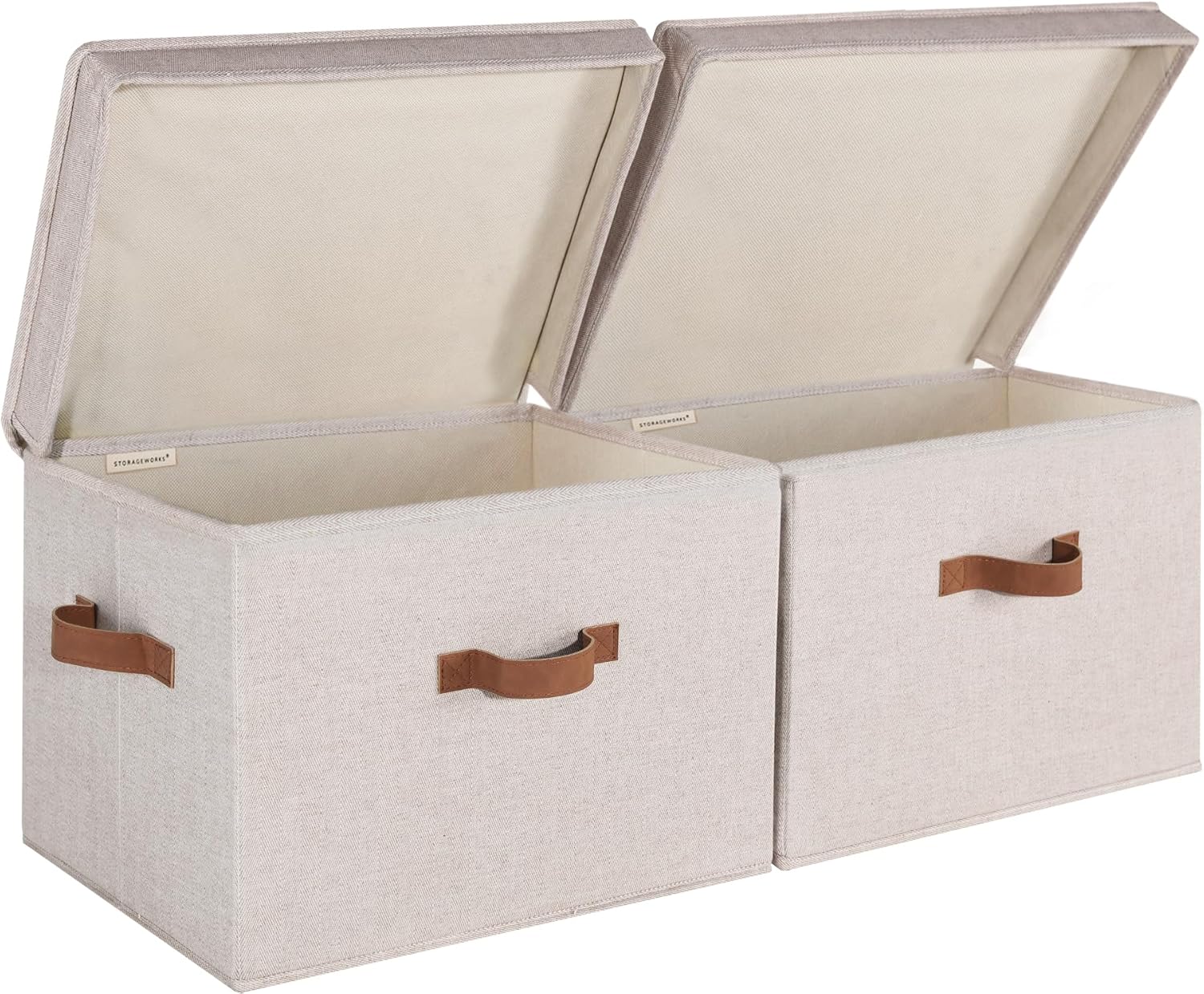 StorageWorks Fabric Storage Bins with lid, Decorative Boxes for Shelves, Closet Organizer Basket with Handles, Jumbo, Brown and Beige, 2-Pack