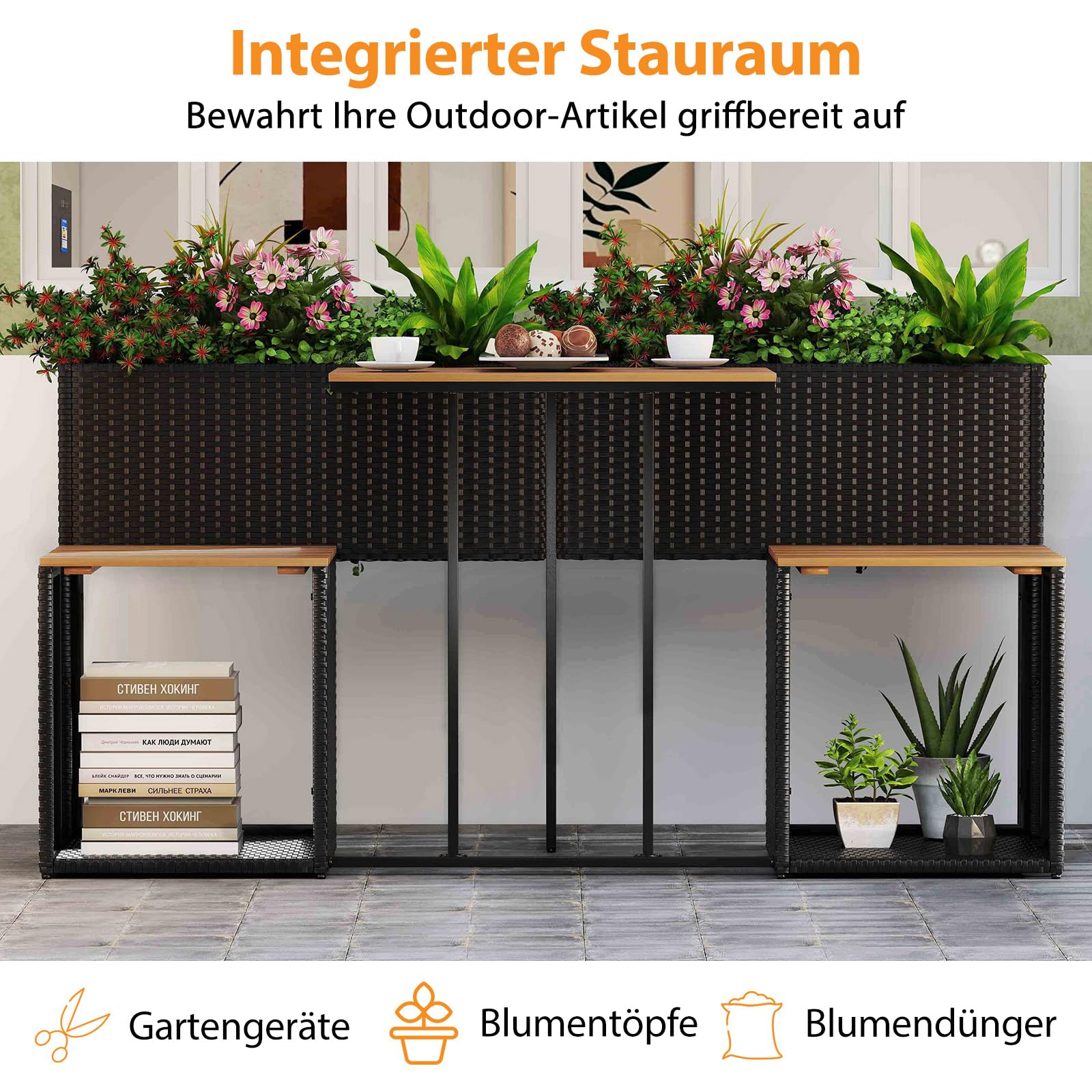 COSTWAY Gartenmöbel Set mit Hochbeet (Schwarz) | Kräuterbeet mit integrierten Stühlen, Balkonset, Balkonmöbel, Sitzgarnitur, Sitzgruppe für Garten, Balkon, Terrasse
