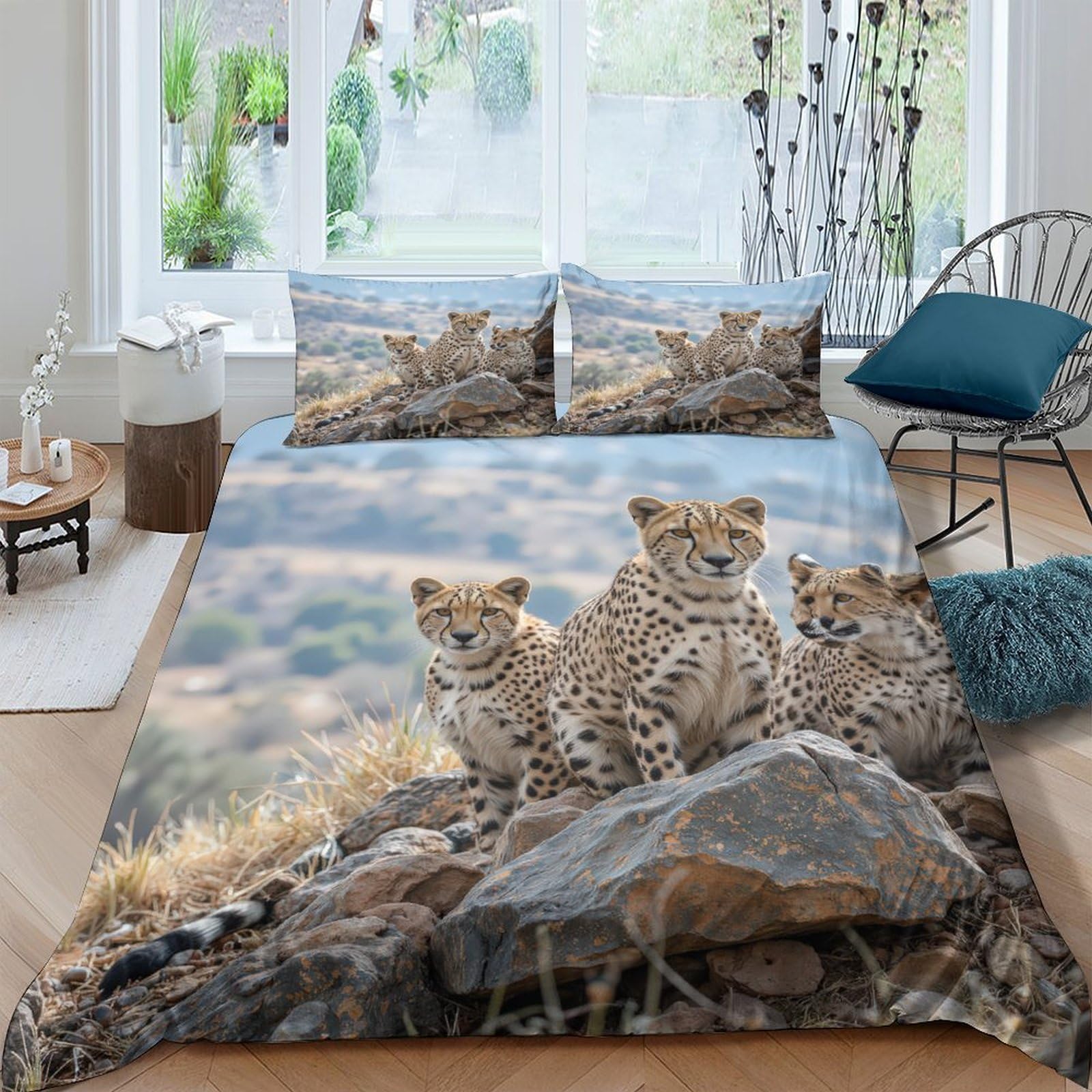 Ctjqhvkz Style-5 3D Printed Wild Cheetah Family Fitted Sheet Microfiber Soft Breathable Savannah Landscape Bed Cover For Bedroom Youth Decor Single（135X200cm）