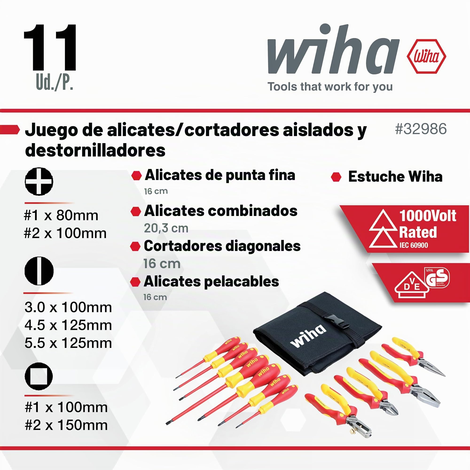 Wiha 32986 Aislamiento Industrial Alicates/Drivers Situado en la bolsa Roll Out, de 11 piezas