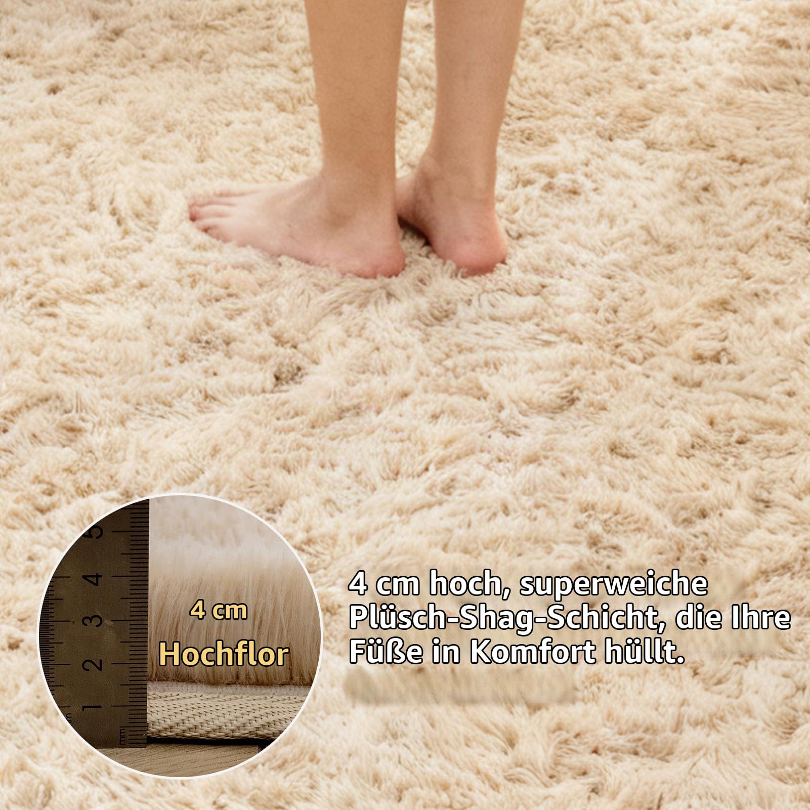 OMERAI Beige Waschbar Teppich Wohnzimmer - Hochflor Flauschig Carpet | 150X240CM Teppich Fellteppich Kunstfell Wohnzimmer Kinderzimmer Anti-Rutsch Unterseite Shaggy Weich Teppiche