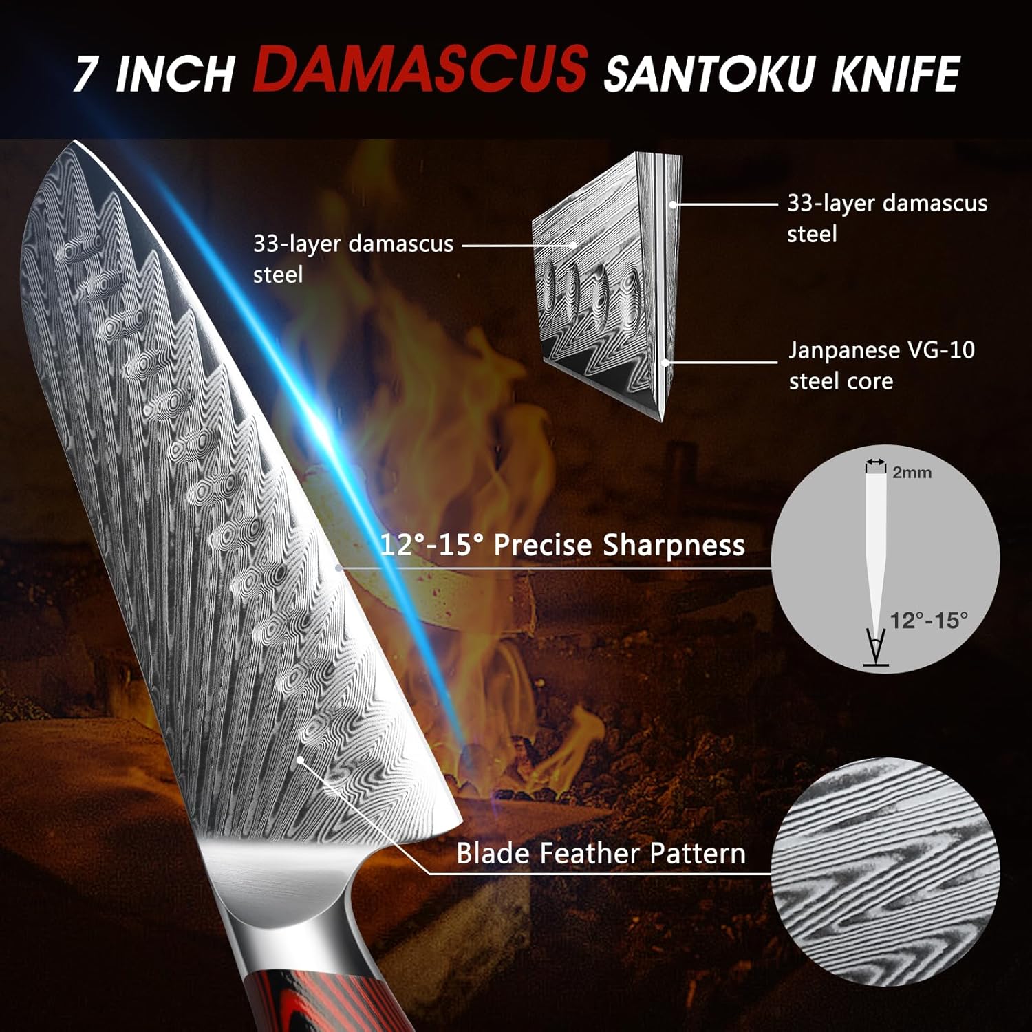 HOSHANHO Damascus Santoku Knife, 7 Inch Professiona Kitchen Knife, Damascus Super Steel Ultra-Sharp Santoku Chef Knife with Ergonomic G10 Handle - Image 3