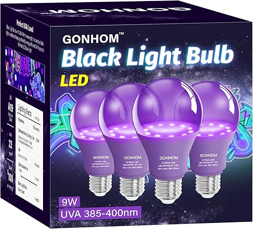 Miniatura 1 de Paquete de 4 bombillas LED negras A19, regulables de 9 W (equivalente a 100 W), base E26 de 110 V, nivel UVA 385-400 nm, brilla en la oscuridad para