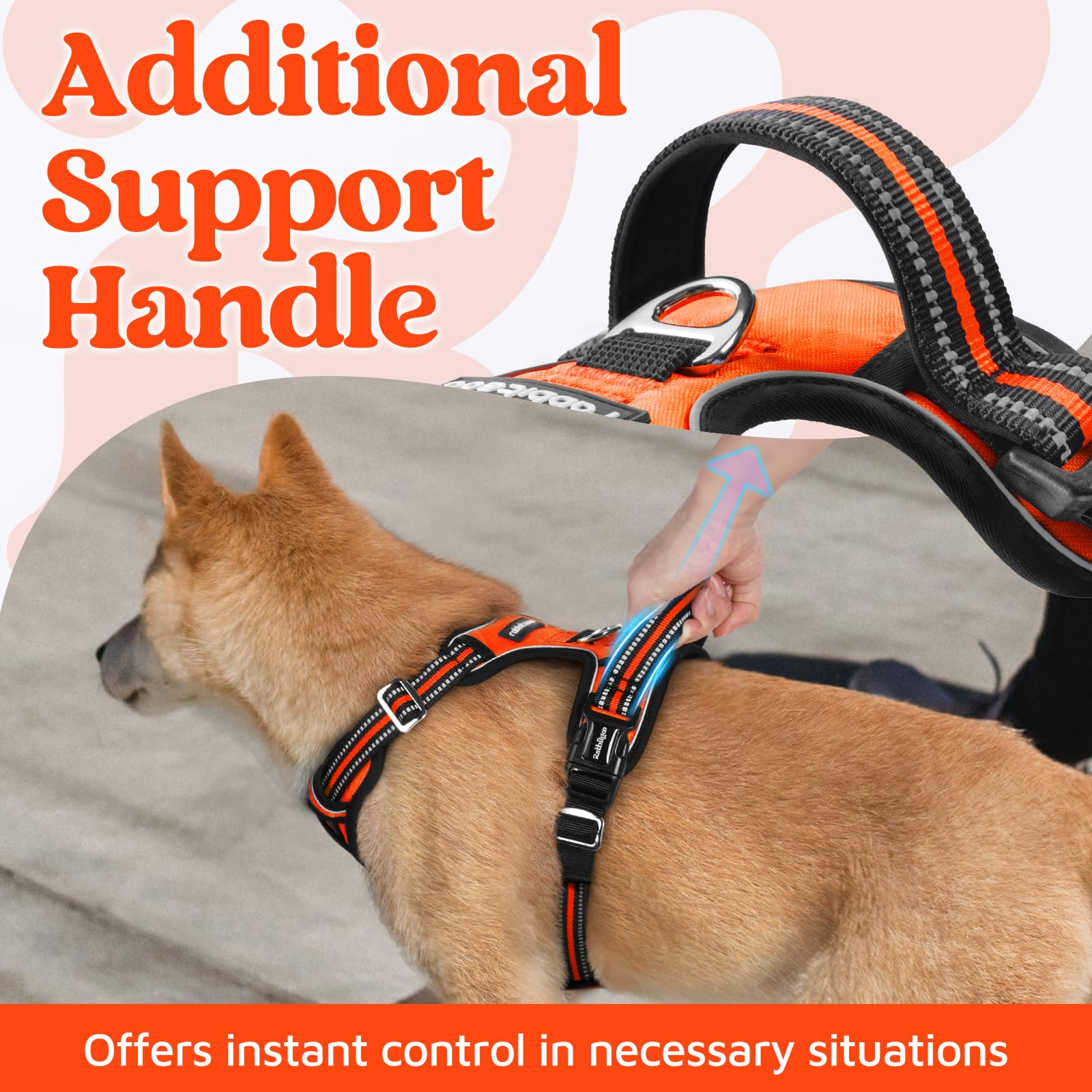 rabbitgoo Arnés para perro, tamaño mediano, sin tirones, con 3 hebillas, arnés acolchado suave ajustable para mascotas, con asa de fácil control y tiras reflectantes, naranja, M