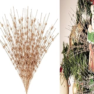 FQQWEE 12Pcs Christmas Rose Gold Glitter Holly Berries Stems 17In Artificial Berries Picks for Christmas Tree Faux Holly Berry Twigs Branches for DIY Crafts Holiday Wedding Decor