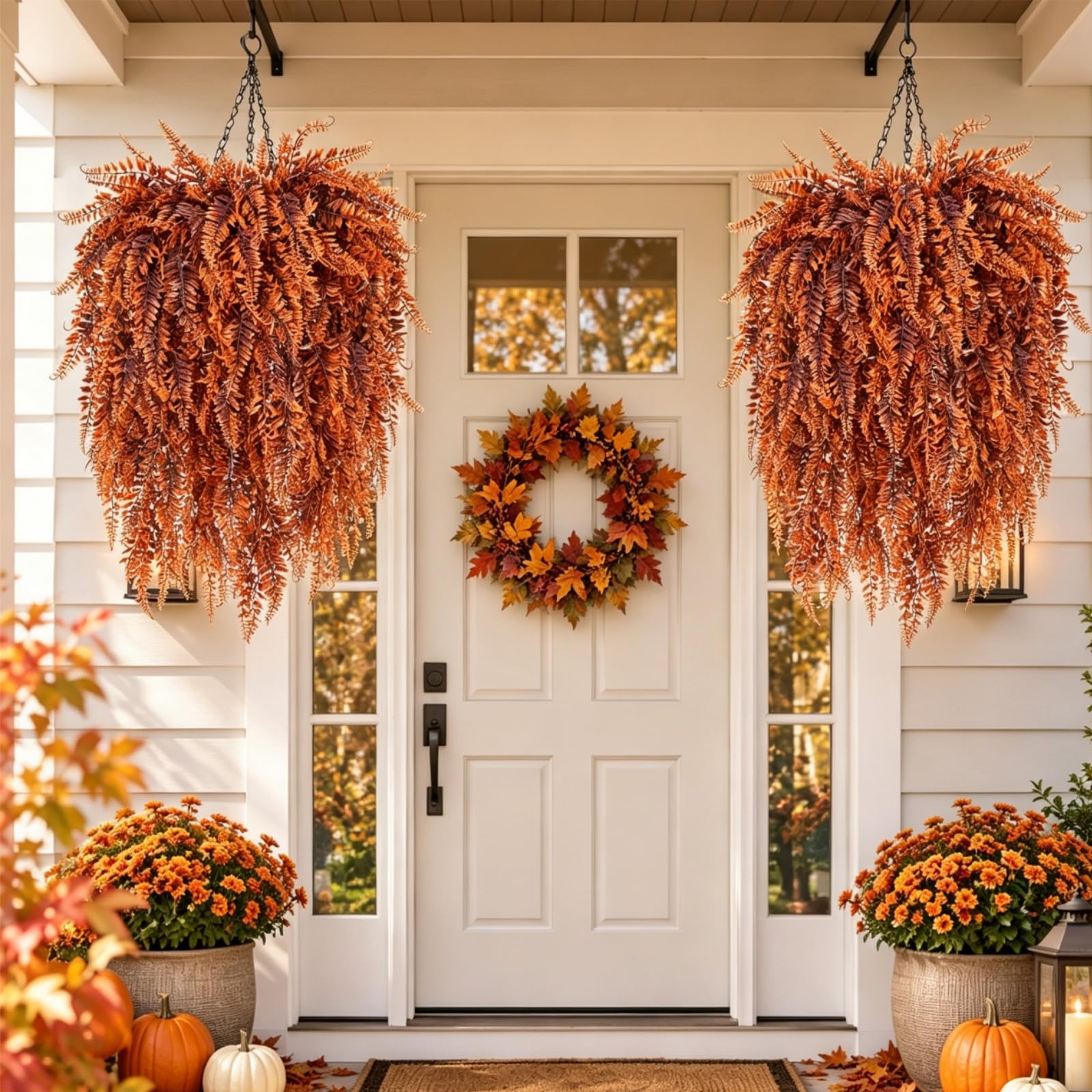 2Pcs Autumn Artificial Hanging Baskets Artificial Plants Outdoor Autumn Decorations UV Resistant Fall Fake Hanging Baskets Faux Ferns Plants Plastic Ferns in Hanging Baskets for Porch Balcony Garden