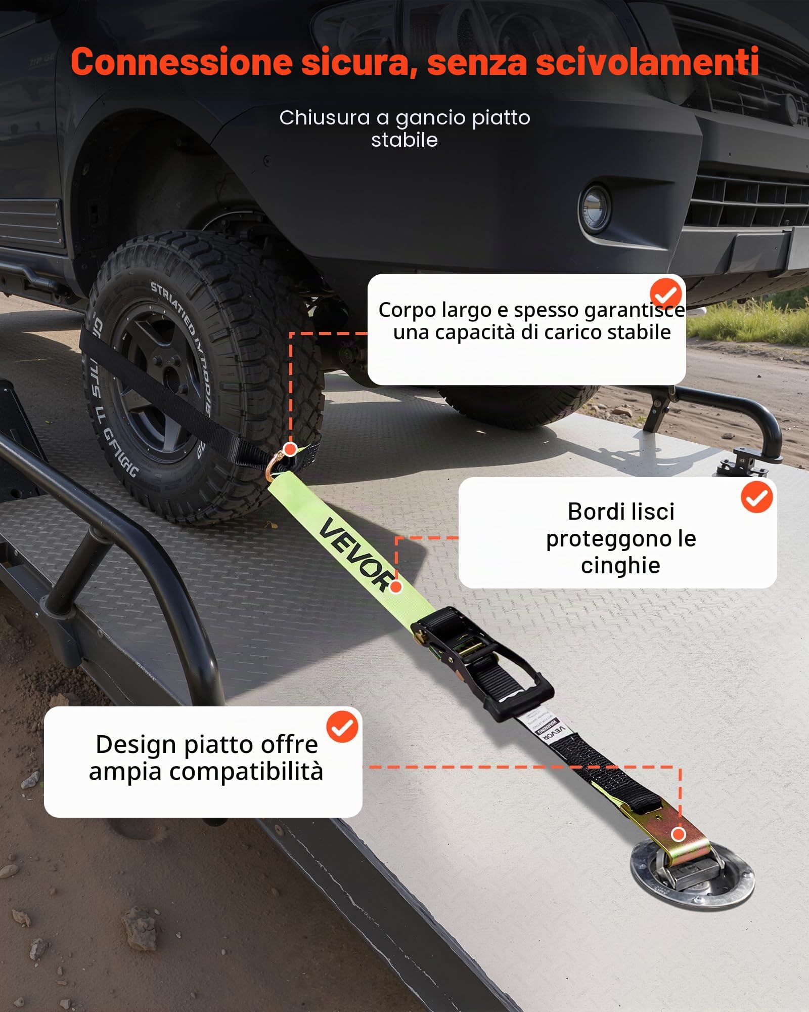 VEVOR Cinghie di Fissaggio per Ruote 50,8 x 3048 mm con Gancio Piatto Forza alla Trazione di 4540 kg, Sistema di Tensionamento per Pneumatici, Motociclette, SUV, Rimorchi, Nero