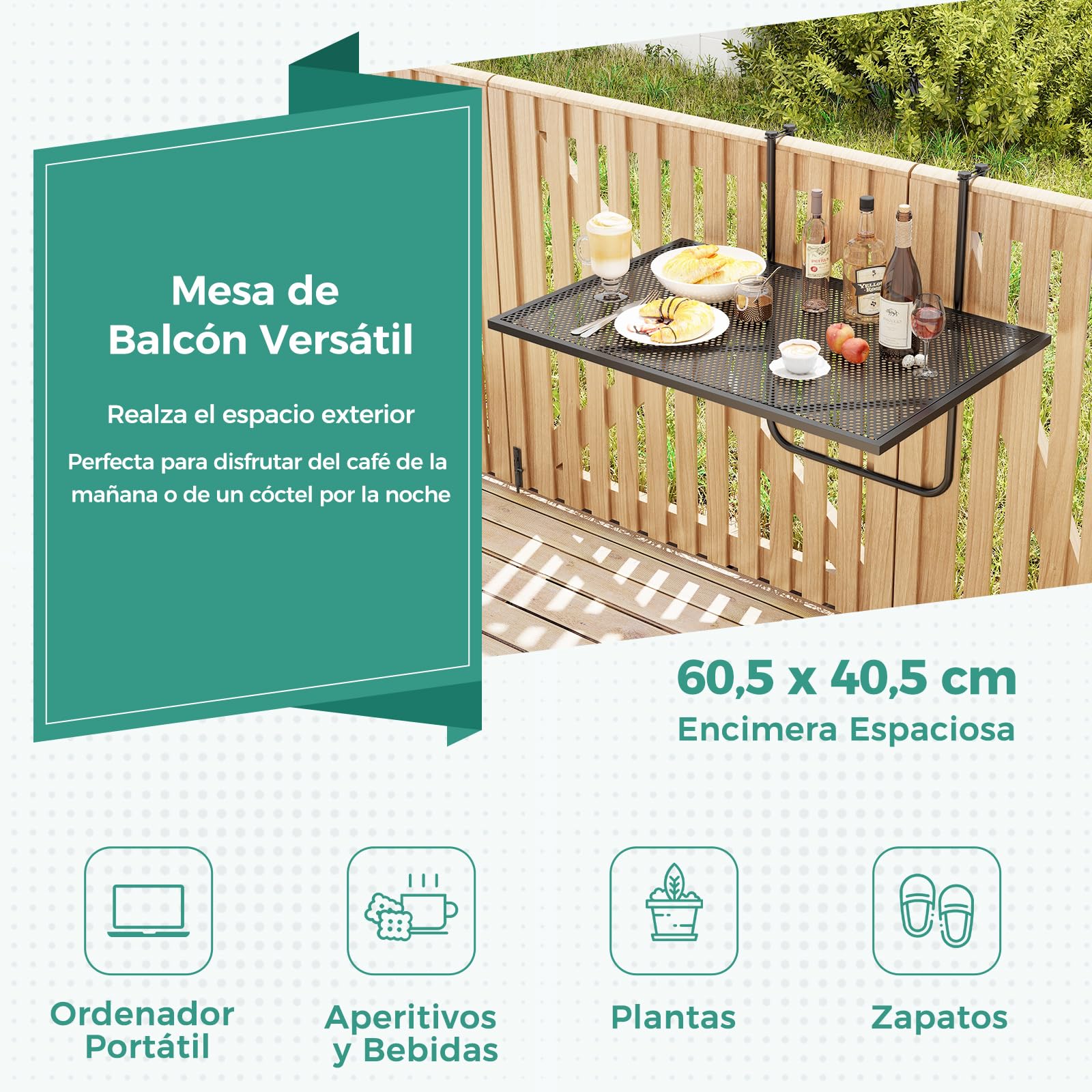 COSTWAY Mesa Colgante de Balcón,Mesa Plegable con Barandilla, Estructura de Metal Carga hasta 20kg, 60,5x40,5cm (Altura Fija)