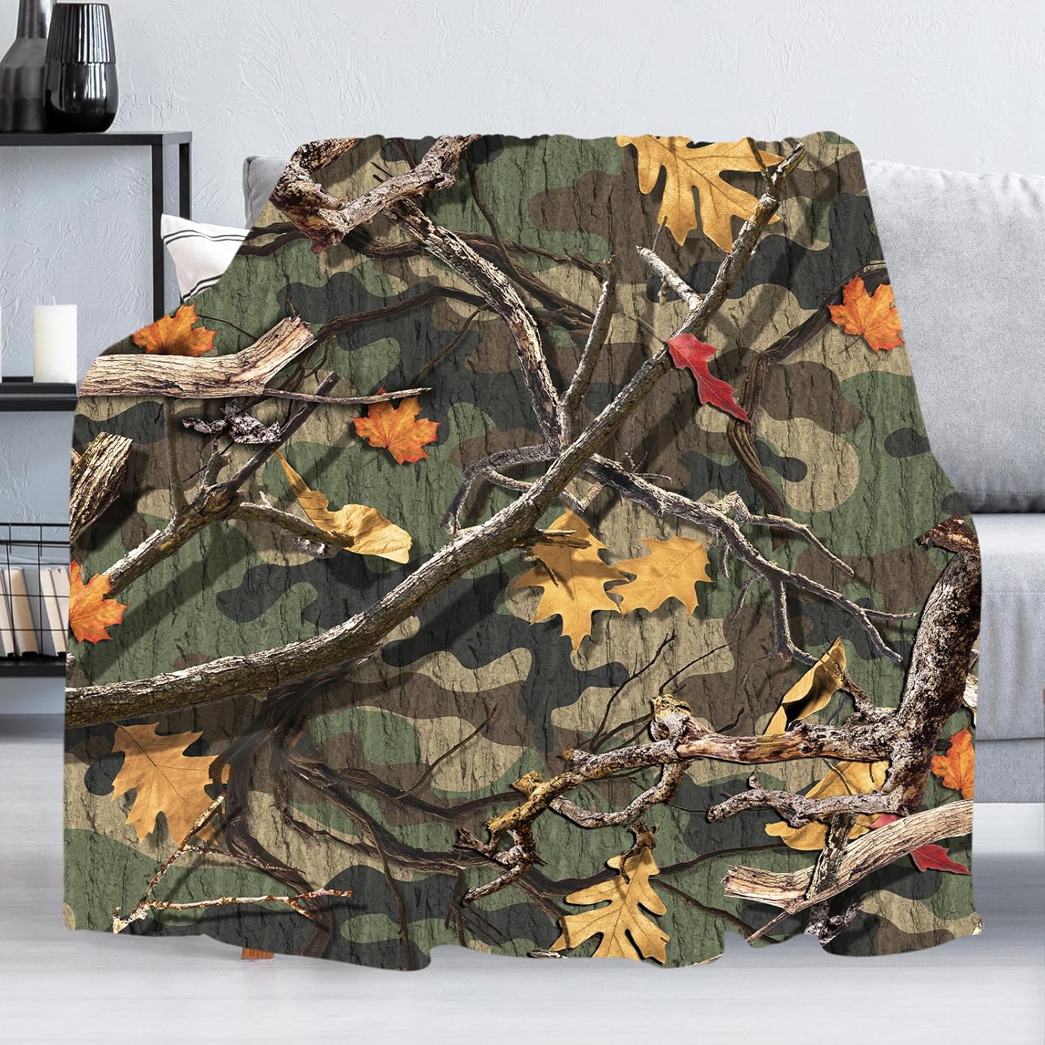 Camo Blanket Hunting Camouflage Forest Soft Decorative Flannel Throw Blanket Lightweight Cozy Fuzzy Blanket for Couch, Bed and Chair-60''x50''