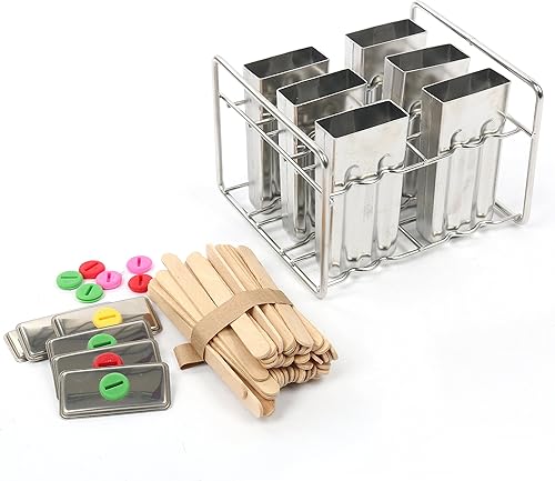 Miniatura 4 de Juego de 6 moldes y estantes de acero inoxidable para paletas  Máquina casera de golosinas de hielo con 50 palos de madera y 6 sellos de silicona y