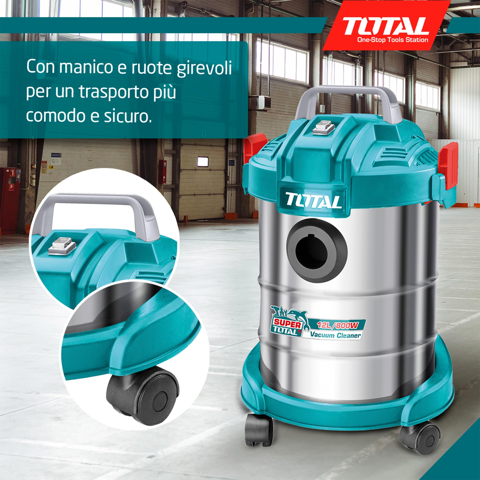 TOTAL - Aspirapolvere | Pulizia profonda a secco e a umido | Alta potenza: 800W | Compatto e facile da usare | Capacità: 12L | Include tubo rimovibile e 2 testine | 31 x 31 x 43
