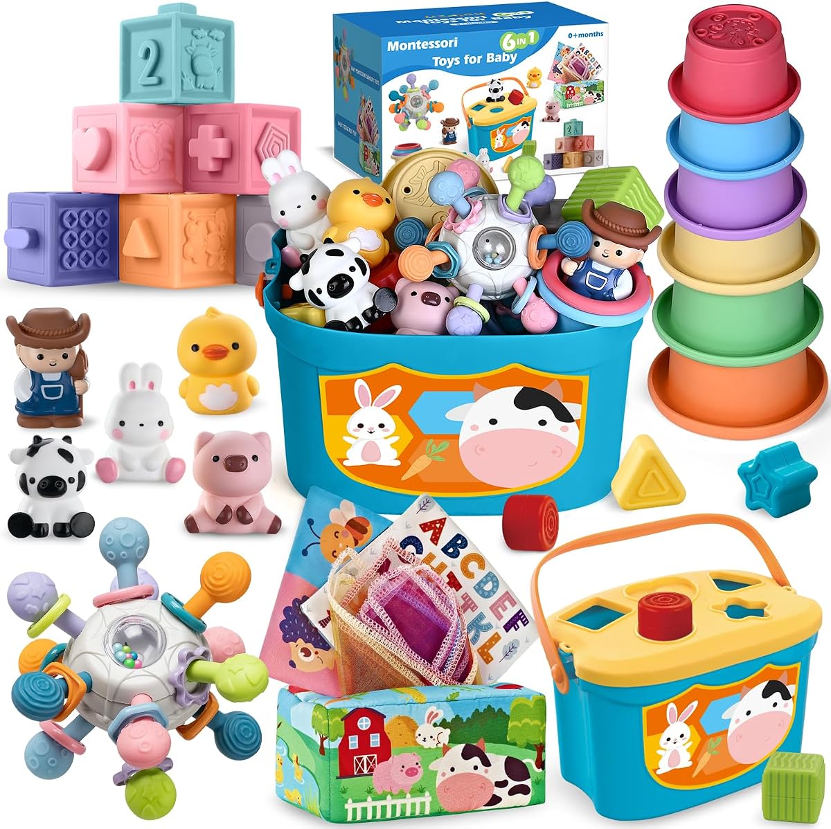 6 In 1 Baby Toys, 6-12 months Baby Toys, Montessori Toddler Gifts Toddlers | 0-6 12-18 Montessori Toddler Toys,Farm Animals Playset & Teething & Stacking Building Block Cup & Tissue Box & Sensory Bin