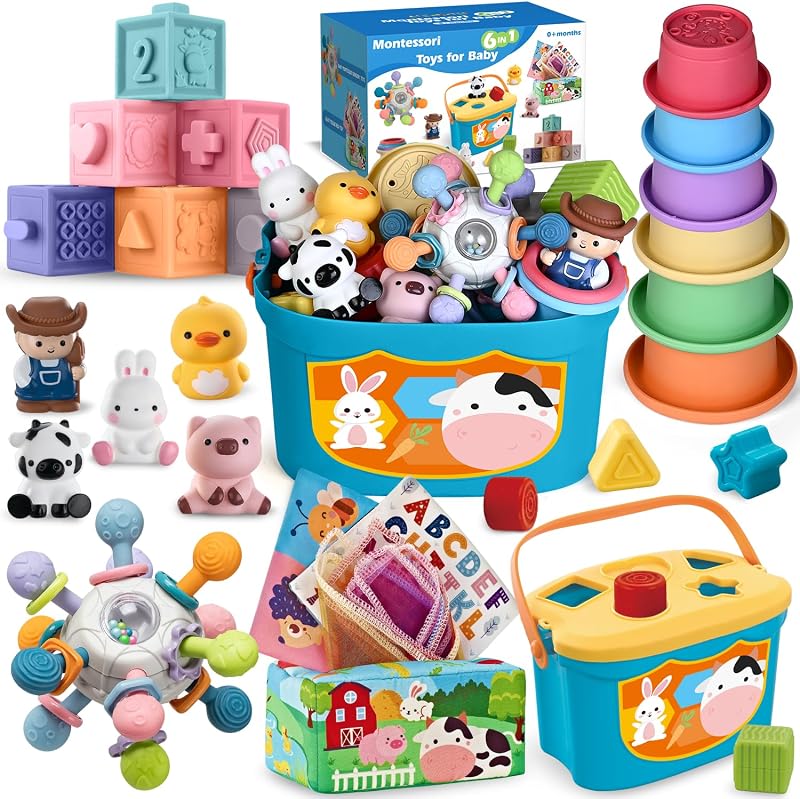 6 In 1 Baby Toys, 6-12 months Baby Toys, Montessori Toddler Gifts Toddlers | 0-6 12-18 Montessori Toddler Toys,Farm Animals Playset & Teething & Stacking Building Block Cup & Tissue Box & Sensory Bin