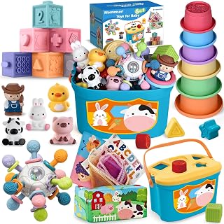 6 In 1 Baby Toys, 6-12 months Baby Toys, Montessori Toddler Gifts Toddlers | 0-6 12-18 Montessori Toddler Toys,Farm Animals Playset & Teething & Stacking Building Block Cup & Tissue Box & Sensory Bin