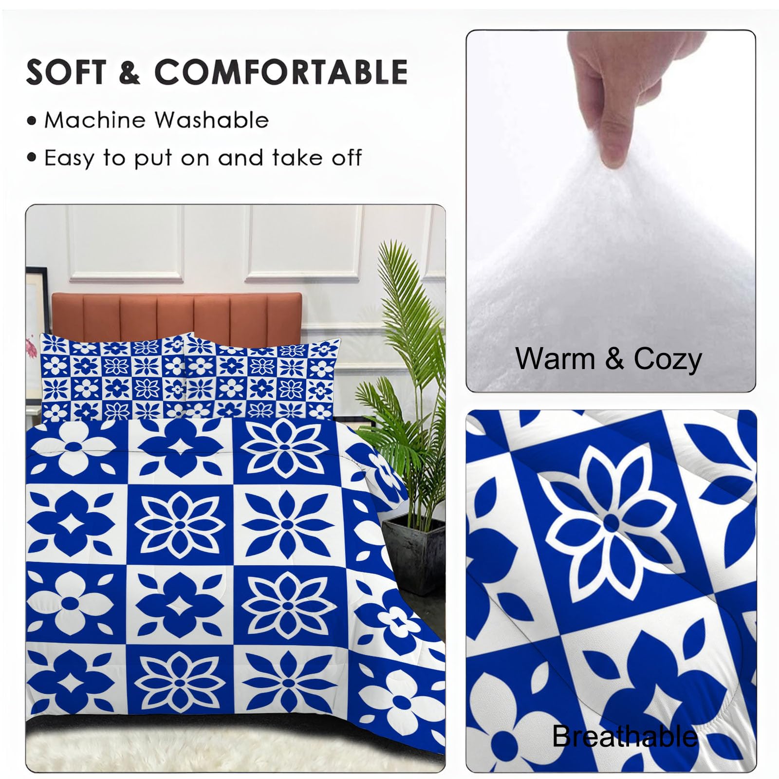 Piumone 2-In-1 Letto Matrimoniale 200X200 Cm Piastrelle Floreali Marocchine | Trapunta E Piumino Reversibile 4 Stagioni, Griglia Geometrica Per Piante, Copriletto Lavabile Morbido Leggero, Blu Navy