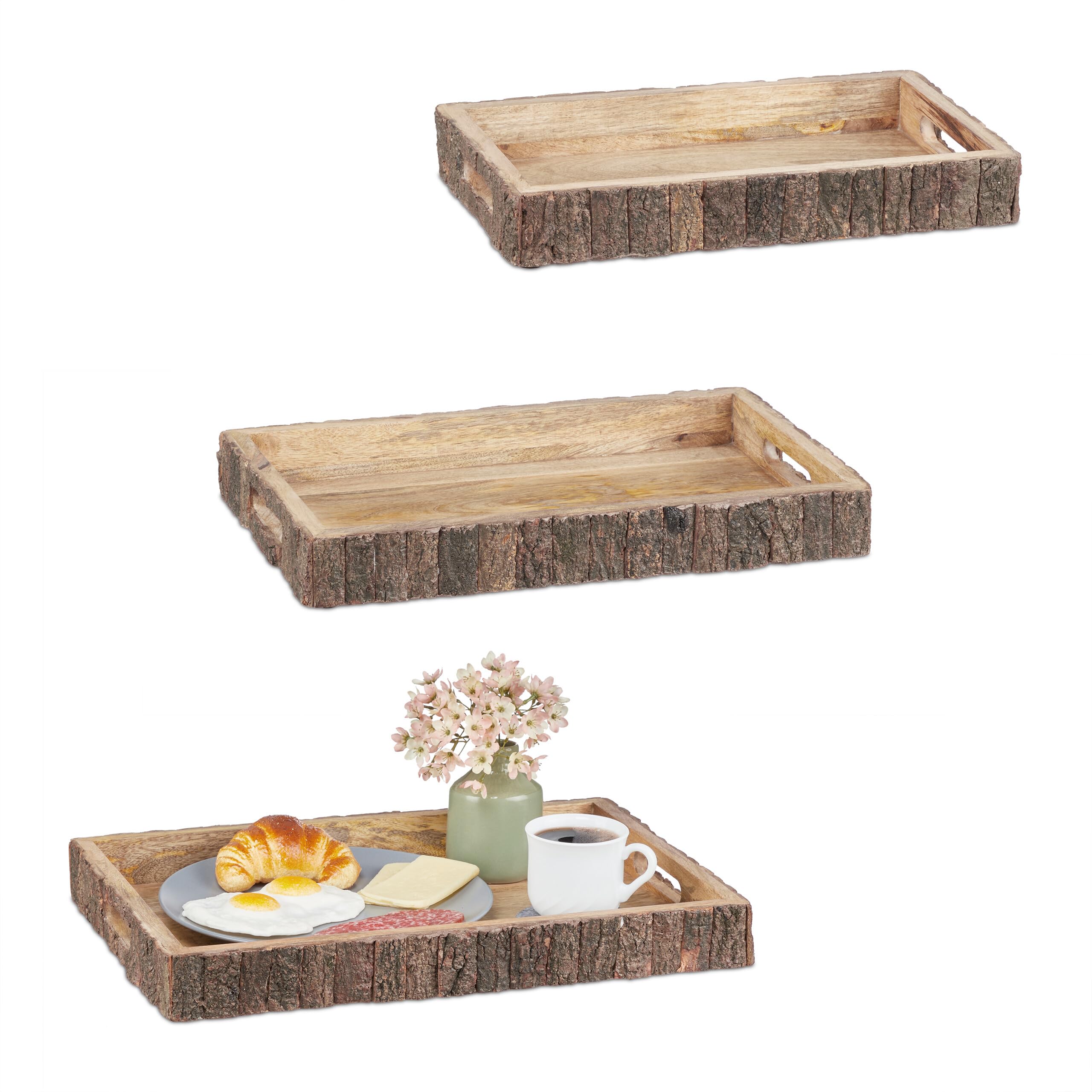 Relaxdays 3X Plateaux de Service, décoratifs, Dimensions différentes, en Bois de manguier, 2 poignées chacun, Natures