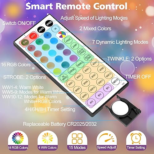 Miniatura 3 de Guirnalda de luces de estrella de 33 pies que funcionan con pilas, RGB + blanco cálido que cambia de color para interiores con control remoto, 60