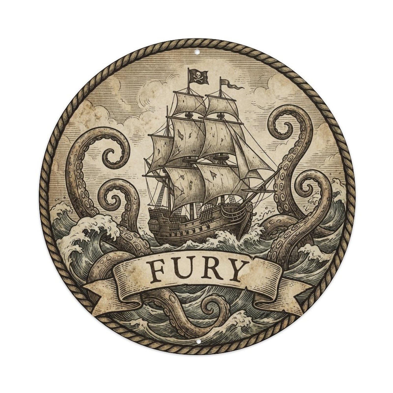 Fury Pirate Ship Octopus Waves Maritime Label Metal Tin Sign