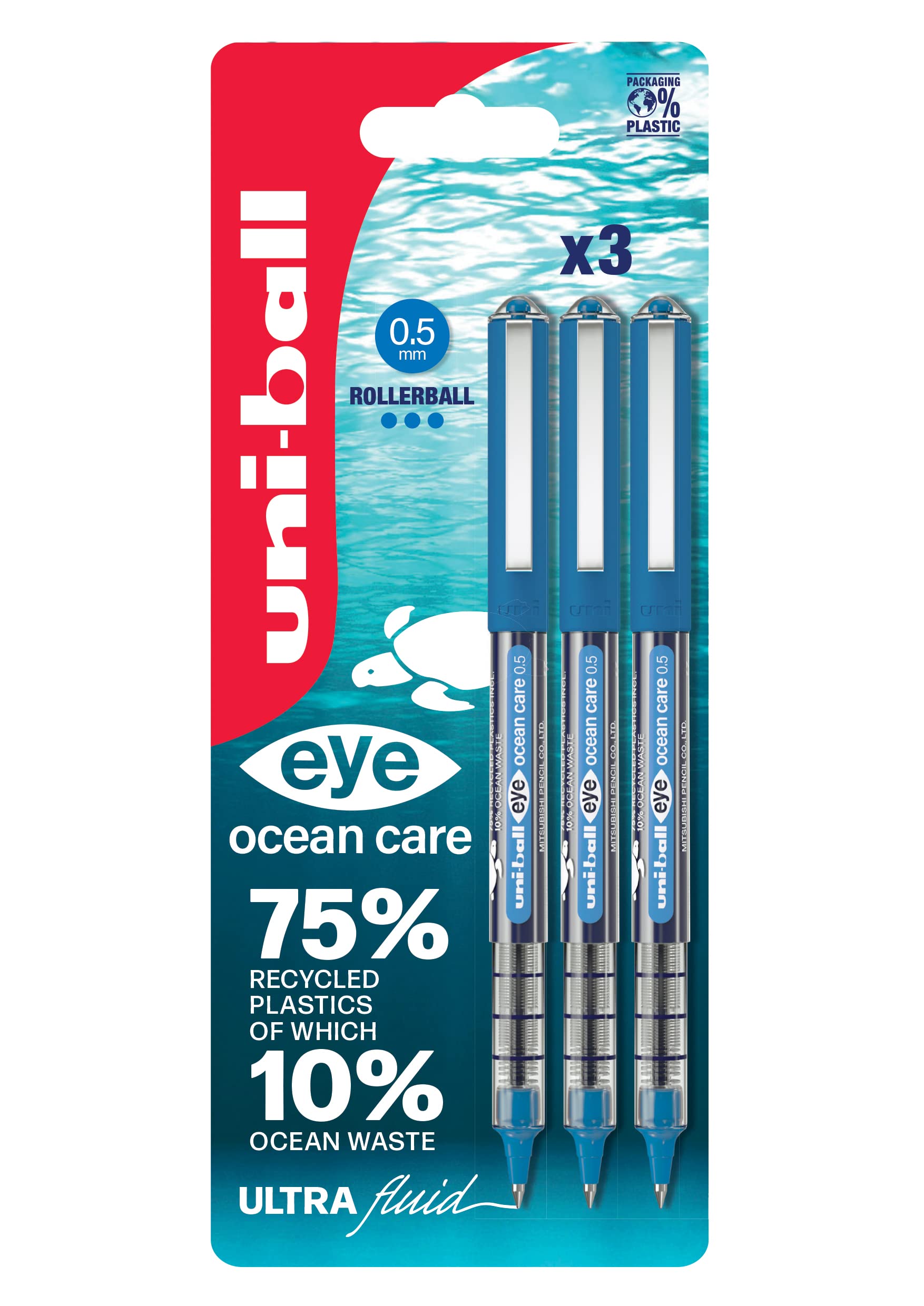 uni-ball Eye Ocean Care UB-150ROP Blue Rollerball Pens. Micro 0.5mm Ballpoint Tip for Super Smooth Writing, Drawing, Art, Crafts and Colouring. Fade and Water Resistant Liquid Uni Super Ink. 3 Pack