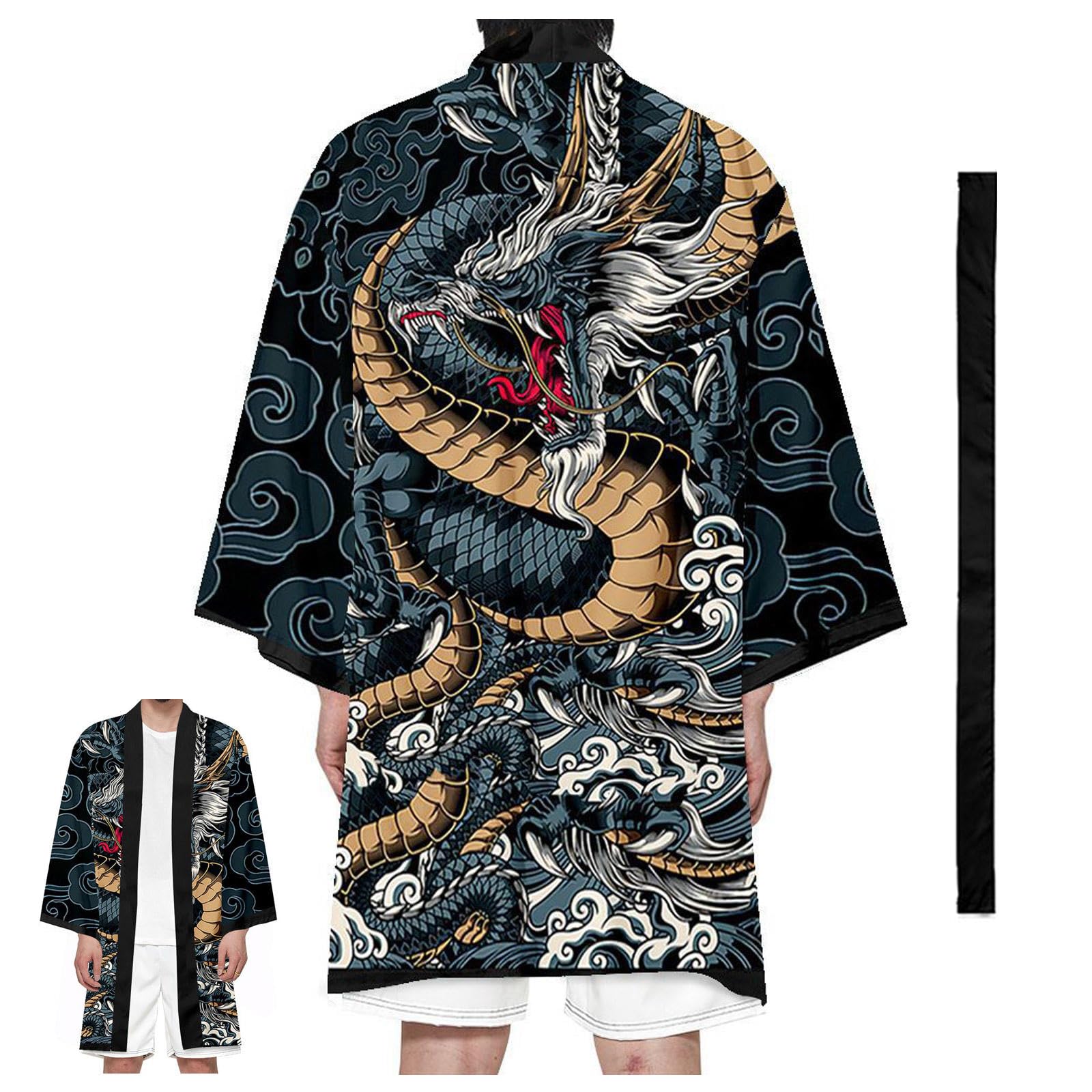 CHUIKUAJ Kimono da Uomo, Cardigan Lungo, Manica 3/4, Kimono con Cintura, Stampa Drago, Aperto sul Davanti, Soprabito - Taglie Forti,Black-8XL