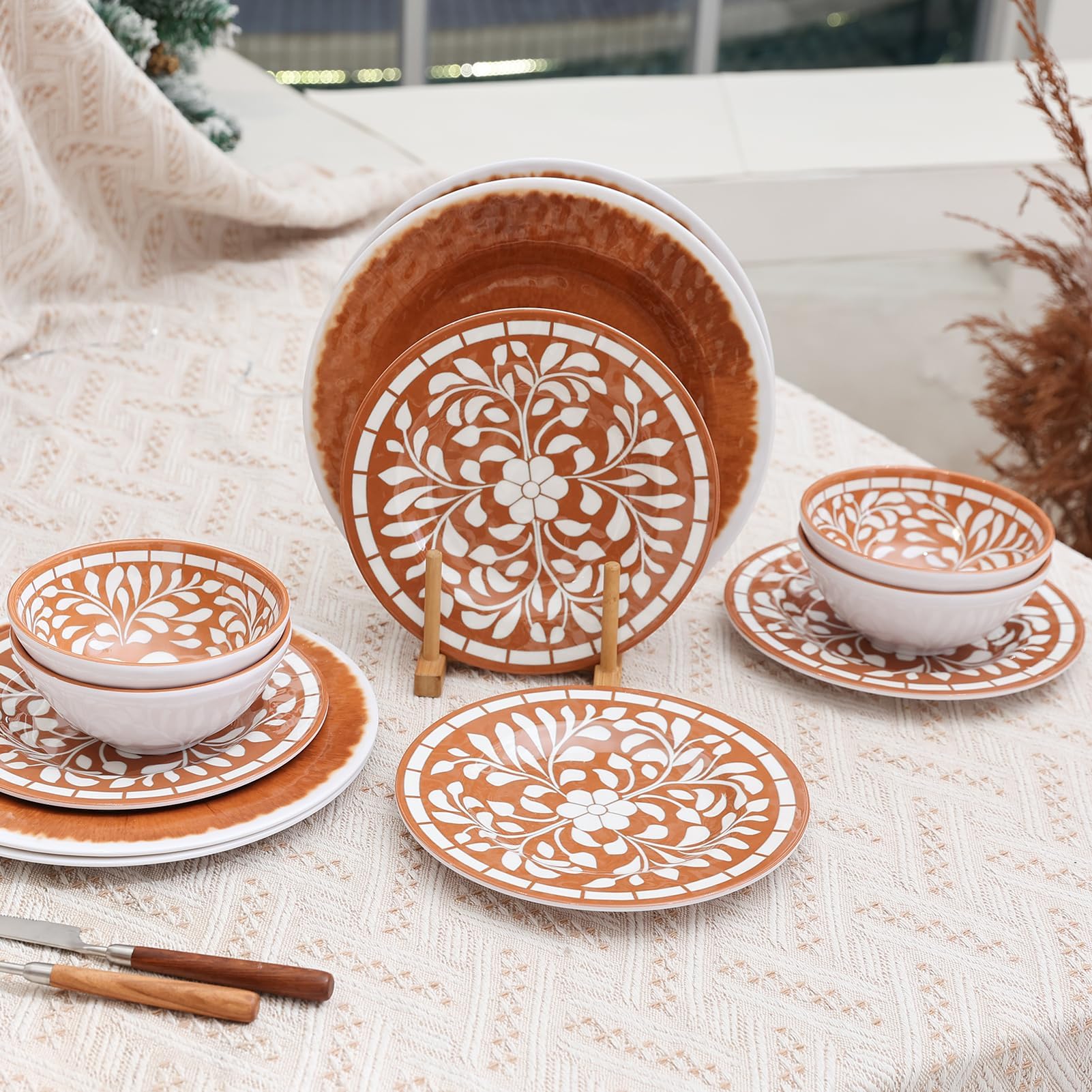 Yinshine Melamine Plates and Bowls Set, 12-Piece Dinnerware Set, Dinner Dishes Set for 4, Unbreakable, Brown-Yellow