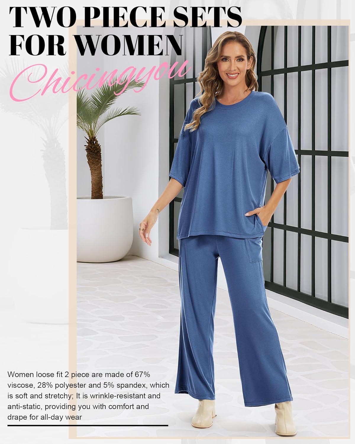 Women 2 Piece Outfit Set 2026 Casual Lounge Matching Set Loose Short Sleeve Sweatsuit Travel Vacation Tracksuit - Image 2