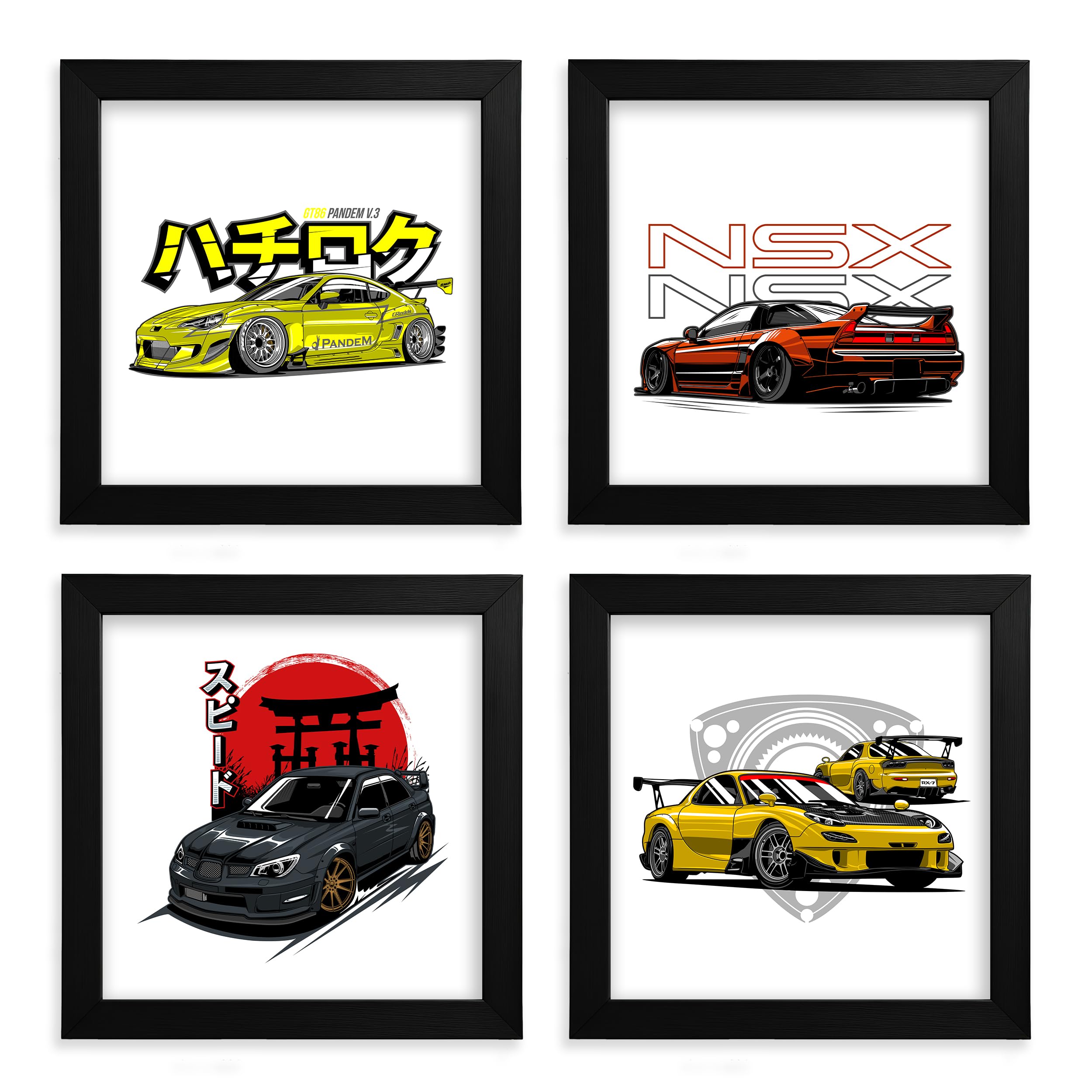 Legends Framed Wall Art Set - 4-Pack Automotive Gallery - Toyota GT86 Pandem, Honda NSX, Subaru WRX STI & Mazda RX-7 Posters - Racing Illustration for Garage or Man Cave - Photo Frames, 5x7 Inch (Black)