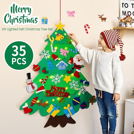 DIY Felt Christmas Tree for Toddlers 3.6ft with 35 Detachable Decorations, Christmas Decorations with String Light (Batteries Not Included), Wall Hanging