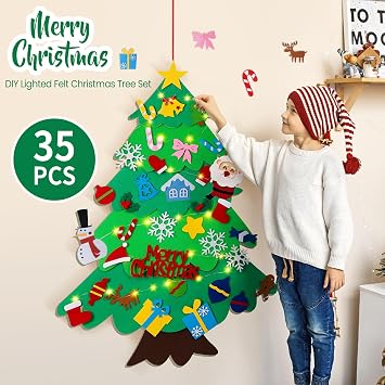 DIY Felt Christmas Tree for Toddlers 3.6ft with 35 Detachable Decorations, Christmas Decorations with String Light (Batteries Not Included), Wall Hanging