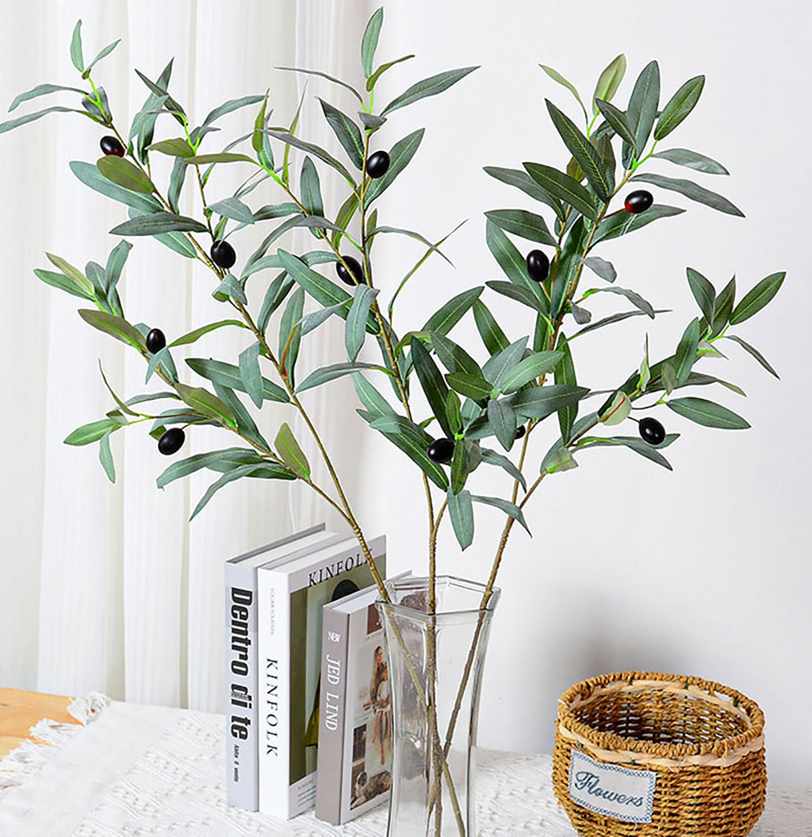 4 PCS Fake Olive Tree Branches Faux Olive Branches for Vase 34 inch Long Stems Artificial Greenery Stems Bulk Green Leaves Plant Twigs Decor