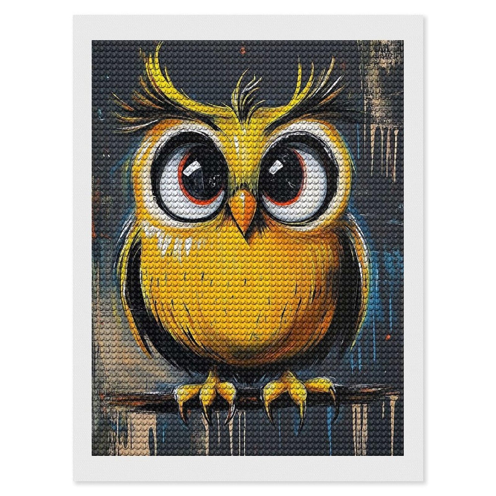 Junmoney Cute Yellow Owl Painting DIY Diamond Art Canvas Kit 12"x16", for Adults, Decorate Your Room, Gift Idea, Modern Decor, Finish and Display