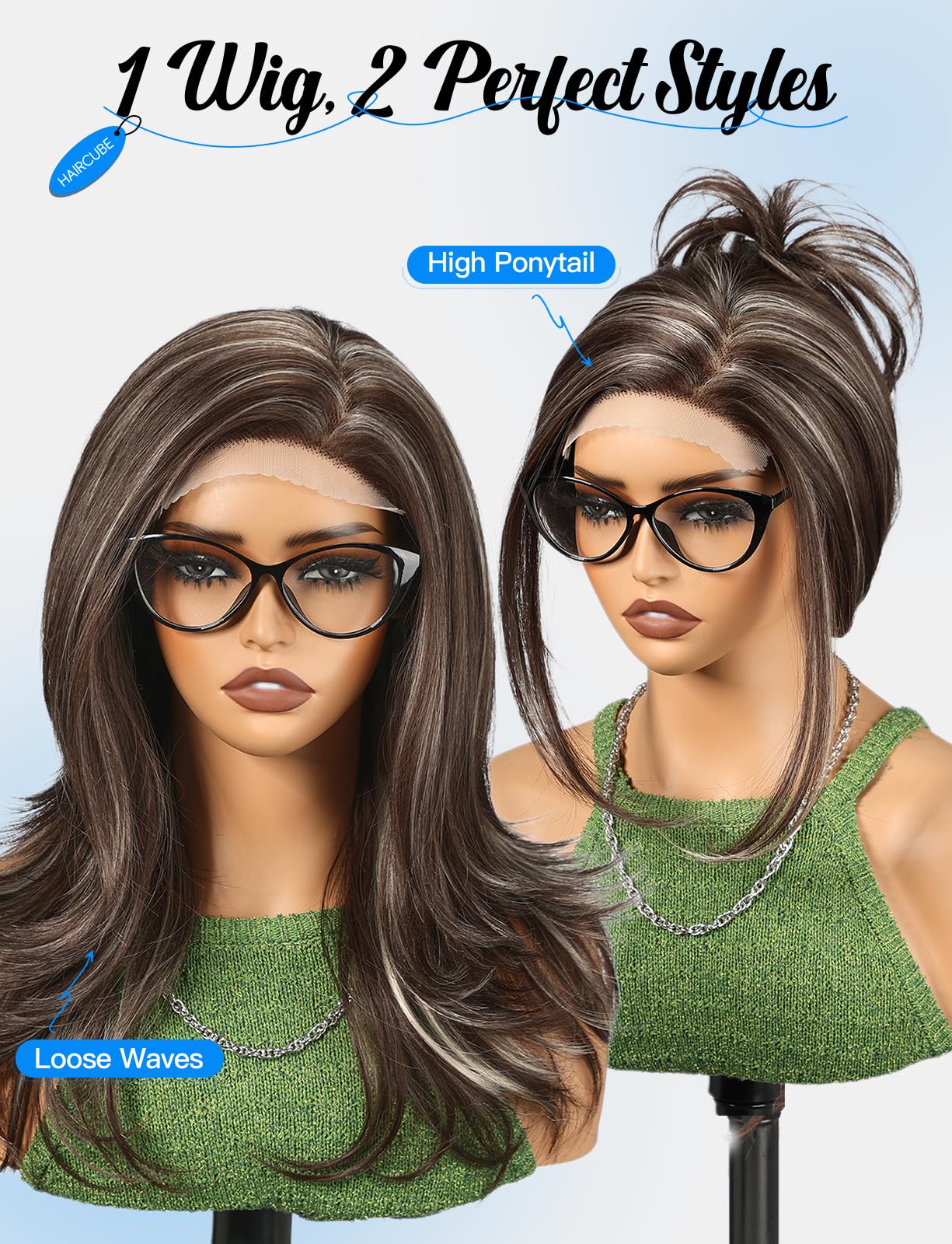 HAIRCUBE Lace Front Wig for Women Wavy Wigs with Partial Fringe Heat Resistant Fibre Synthetic Brown with Highlights - Image 3