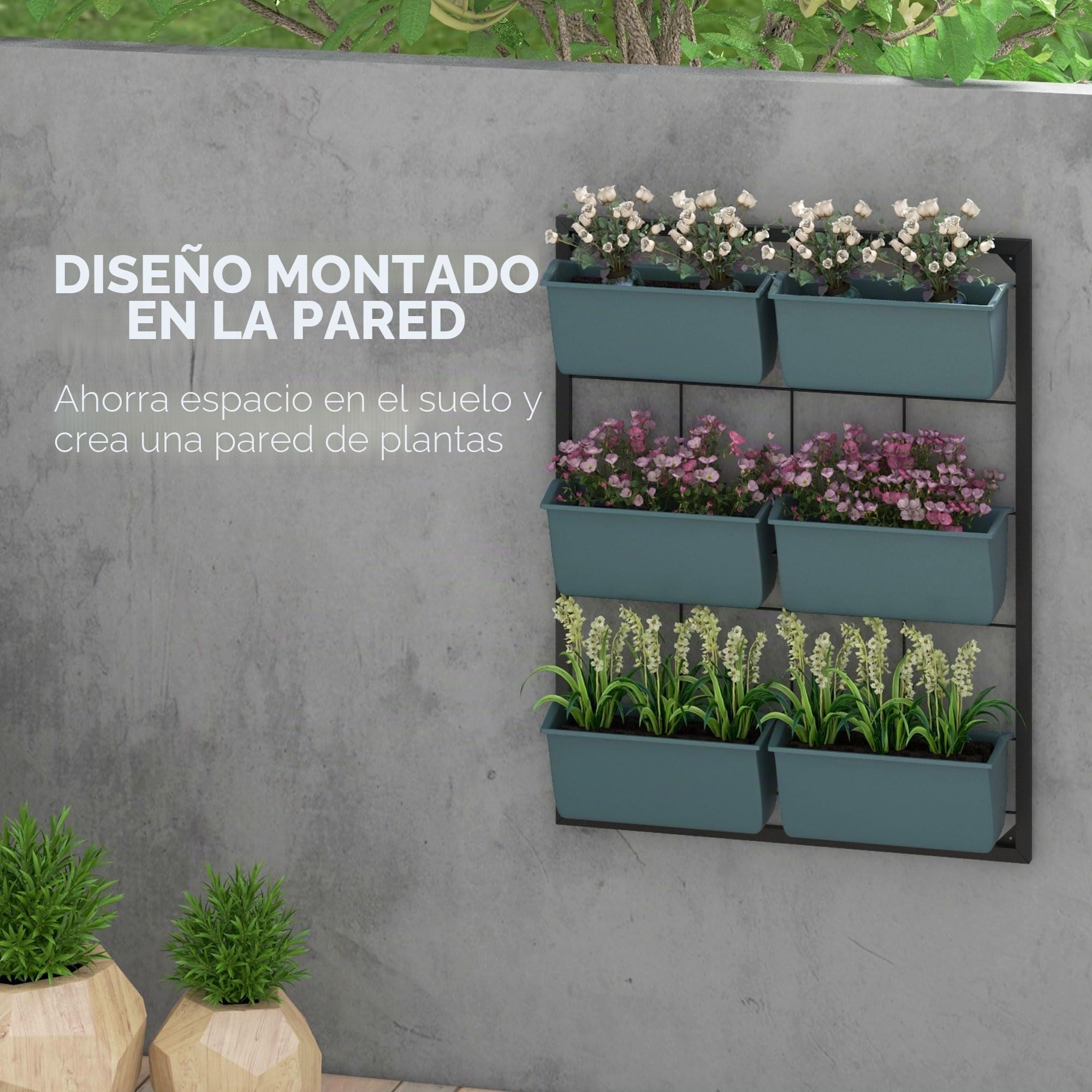 Outsunny Jardinera de Pared de 3 Niveles con 6 Macetas, Huerto Vertical de Acero y Plástico para Flores y Hierbas, Verde Oscuro