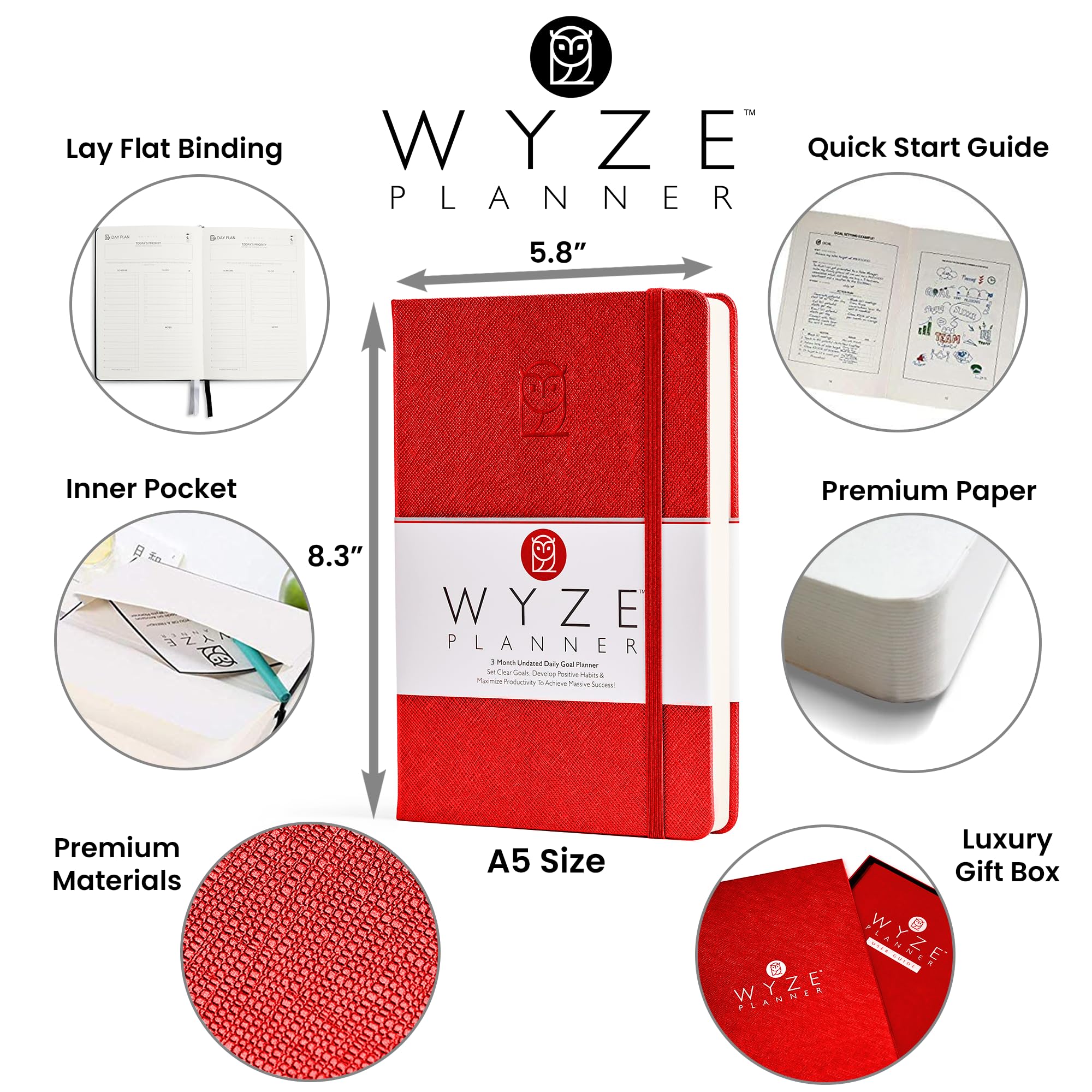 Wyze Planner - Premium Goal Planner per 3 mesi Aumenta la produttività e raggiungi obiettivi personali e aziendali. Agenda giornaliera, settimanale e mensile senza data, formato A5, con calendario