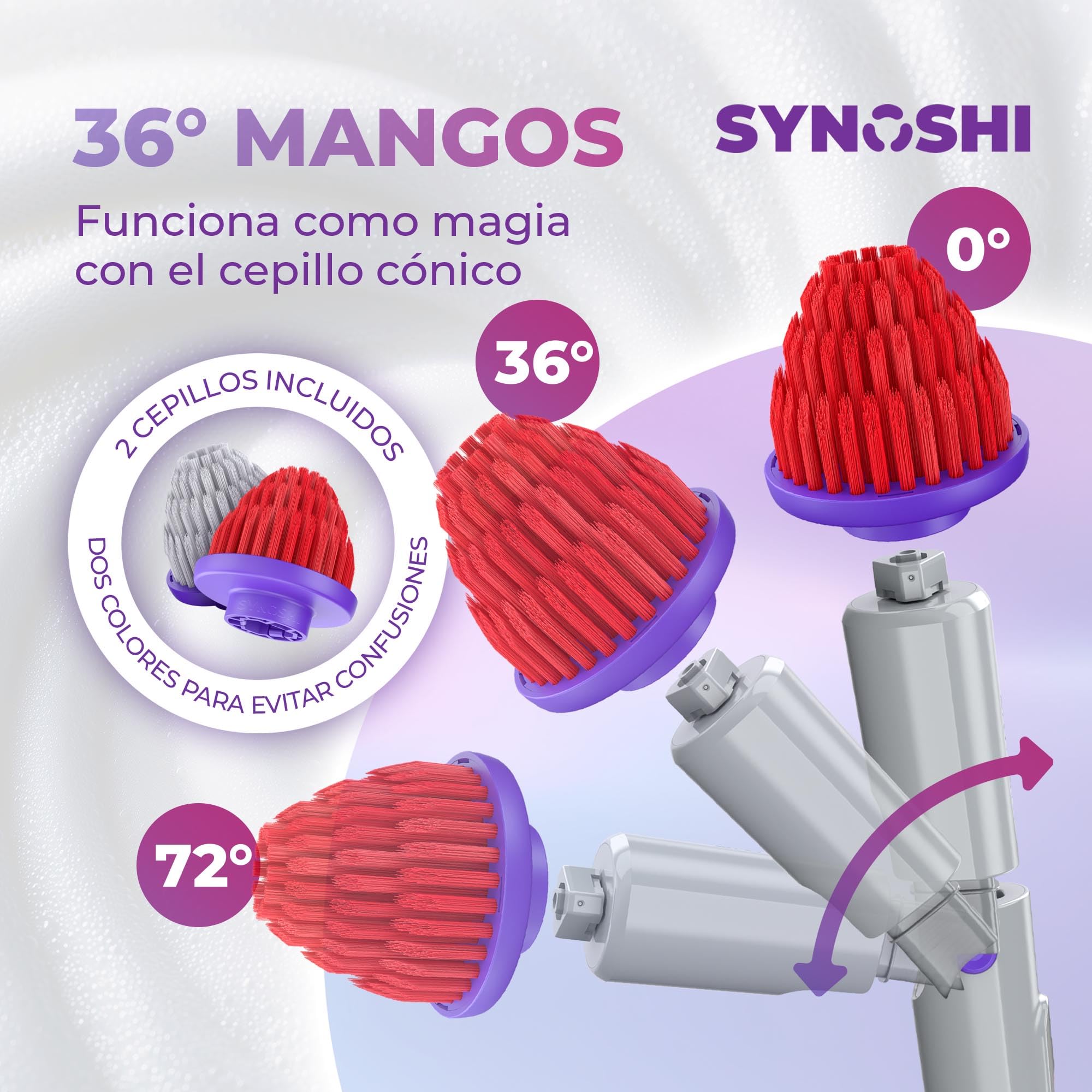 Synoshi Pro Kit Cepillo Eléctrico Giratorio con Accesorios | Incluye cepillo redondo, 2 cepillos cónicos, esponja mágica y mango extensible. Recargable.