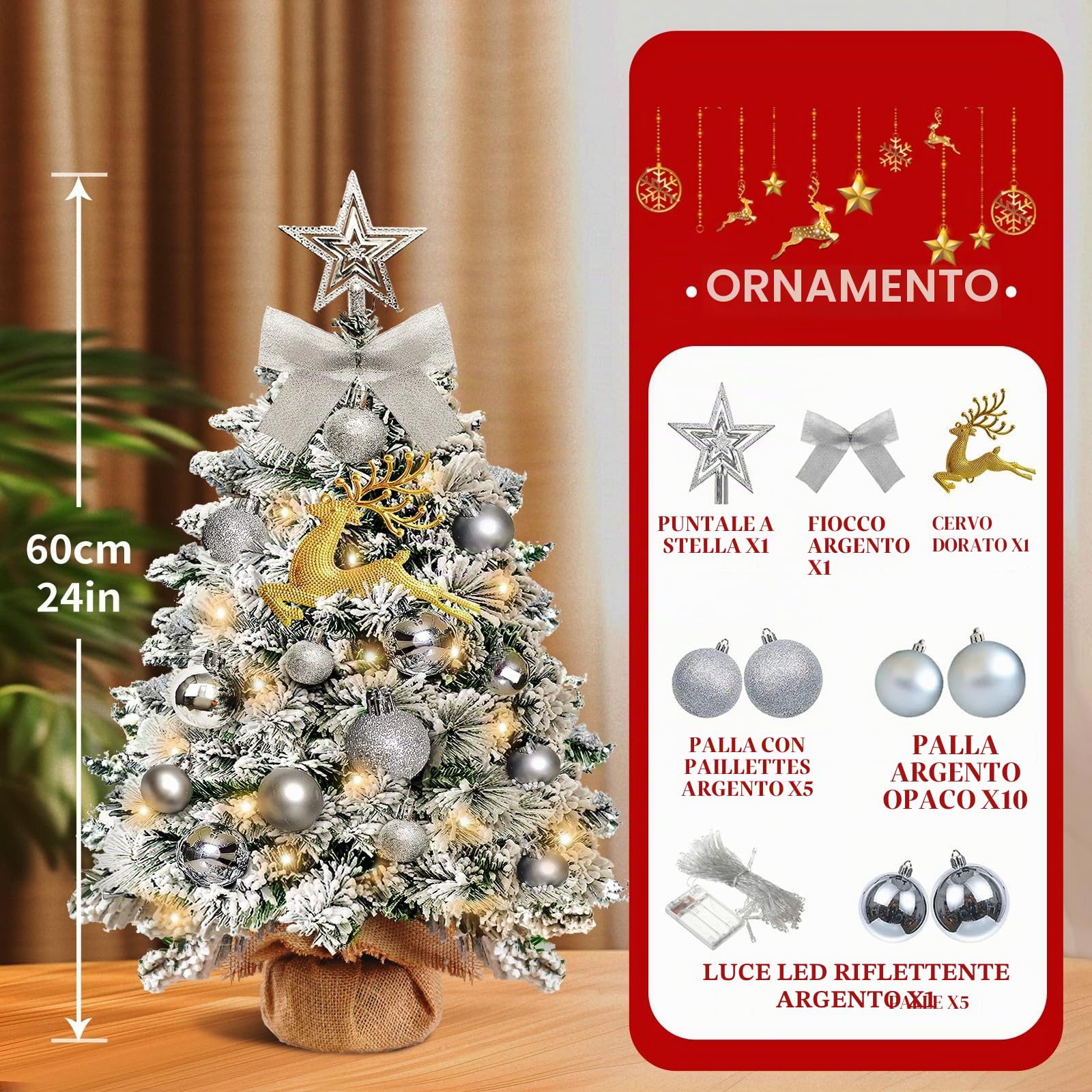 Mini Albero di Natale Artificiale Piccolo,60 cm Albero di Natale Piccolo con Luci con 23 Decorazioni Natalizie Fai da Te,Albero di Natale con Adatto per Natale e Capodanno﻿ (floccaggio)