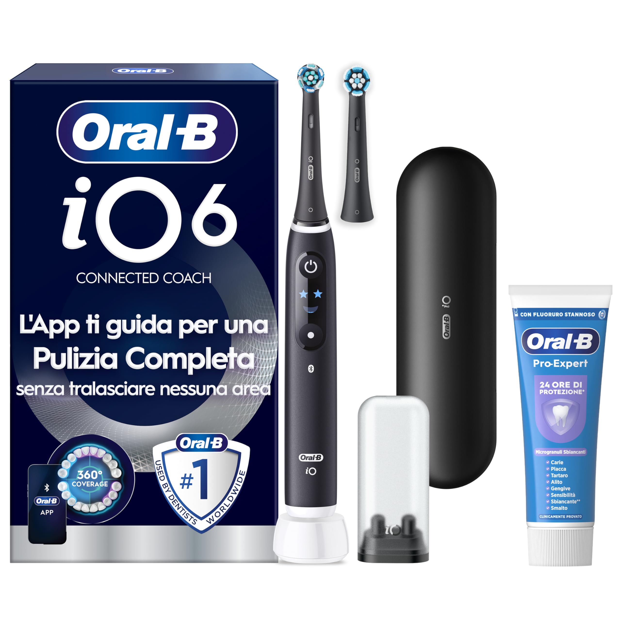Oral-B iO 6 Spazzolino Elettrico, 2 Testine di Ricambio, Custodia, Nero - 2 Testine di Ricambio per Spazzolino Elettrico, Ricaricabile, Custodia da Viaggio + Dentifricio Pro-Expert Sbiancante Delicato