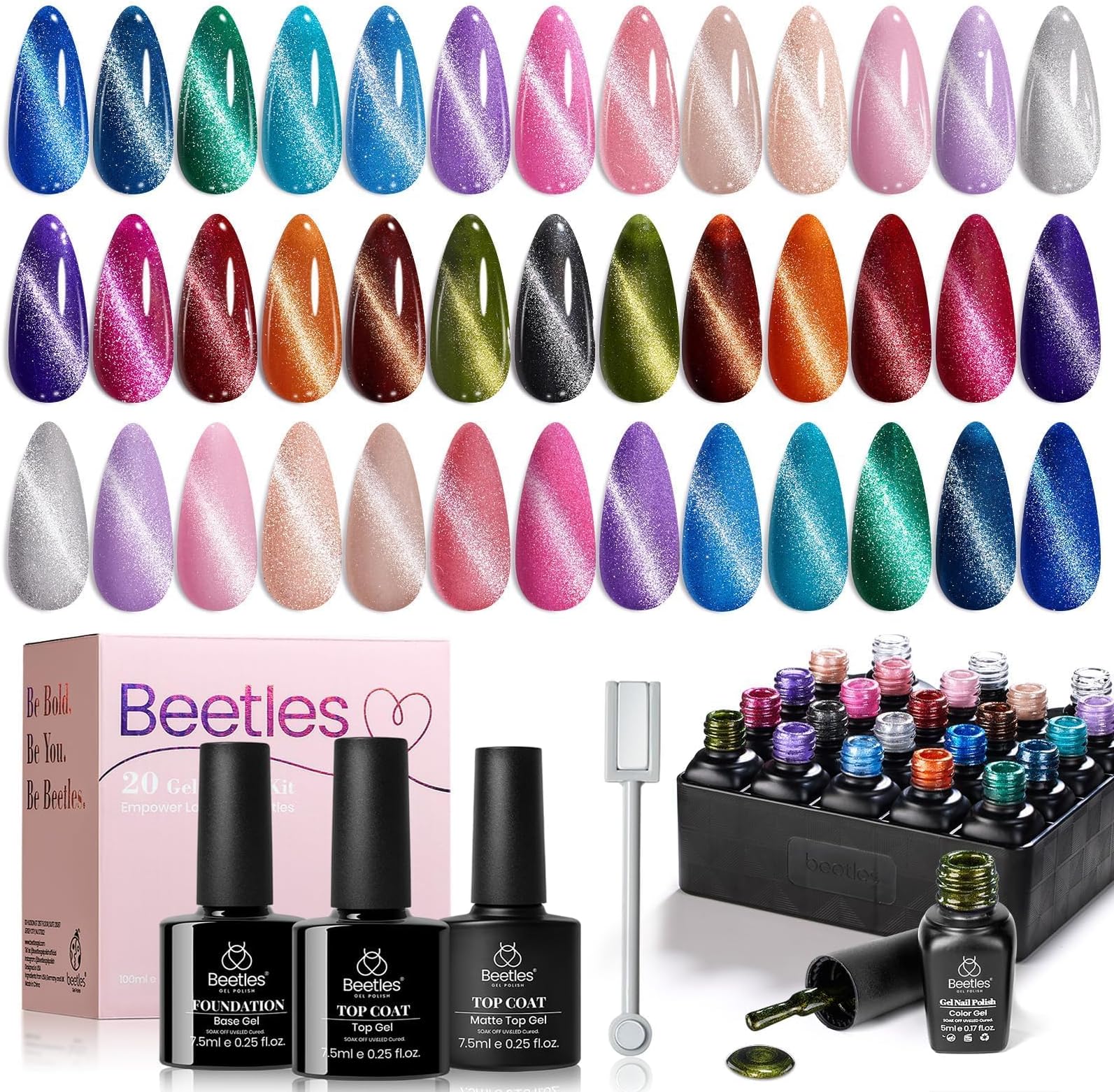 Beetles Cat Eye Gel Nail Polish Set - 20 Colors Glitter Red Green Blue Brown Black Cat Eye Magnetic Base Matte Glossy Top Coat Galaxy Gemlight Soak Off UV Manicure Salon Gift for Women