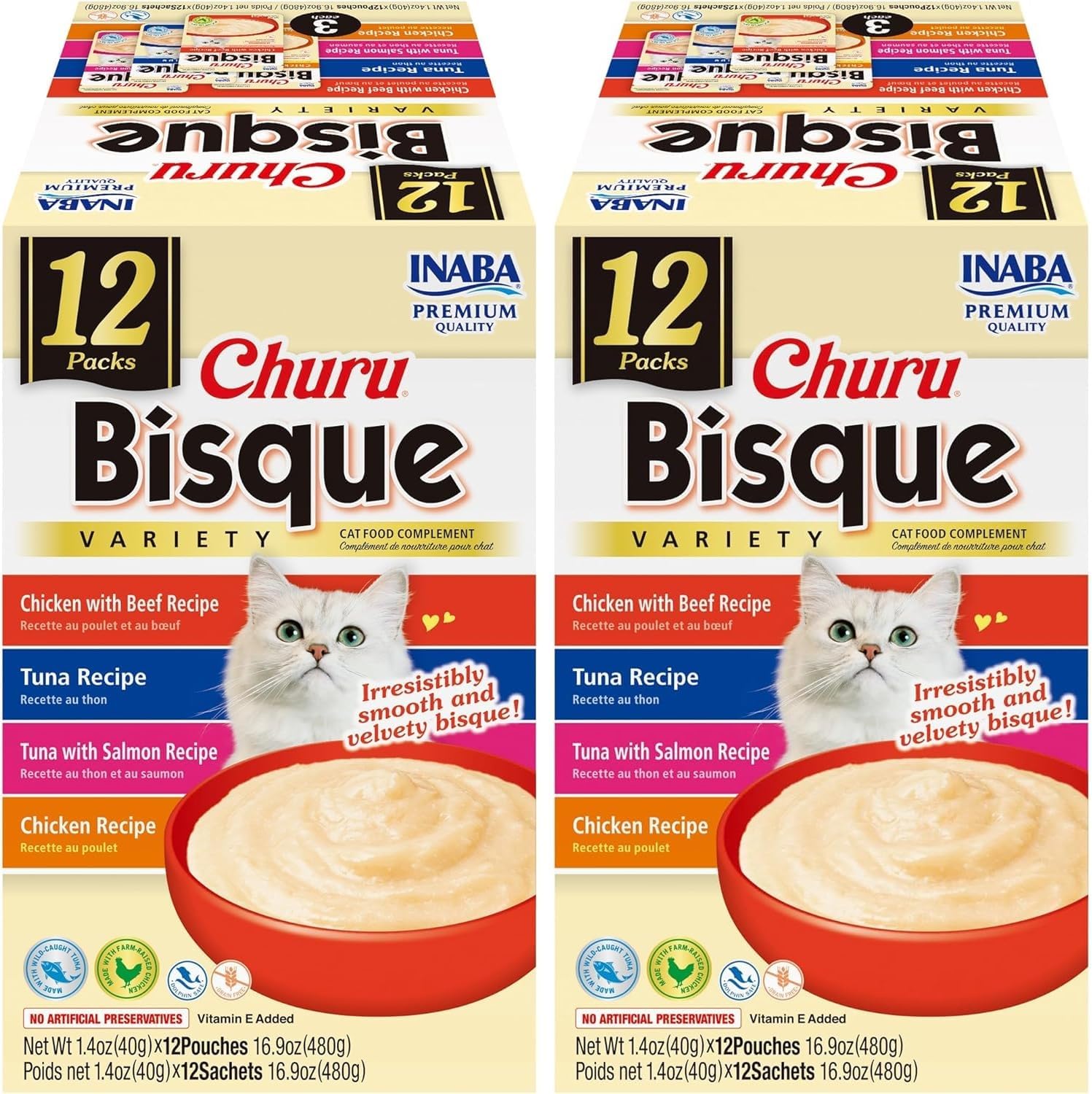 INABA Churu Bisque for Cats, Creamy Lickable Purée Side Dish with Vitamin E, 1.4 Ounces per Pouch, 24 Pouches Total, Tuna & Chicken Variety