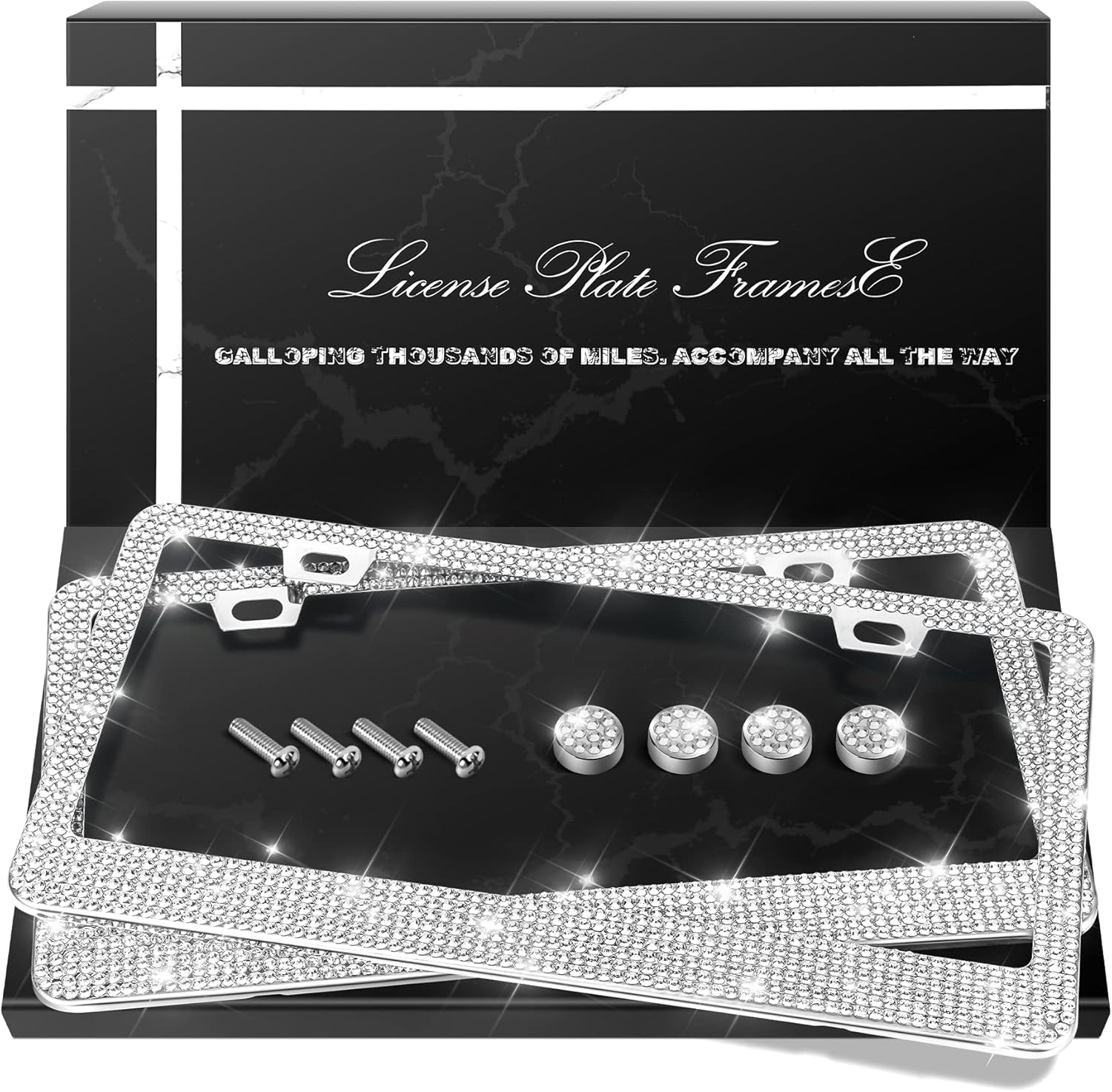 2 Pack Bling License Plate Frames, Sparkly Rhinestone Diamond Car License Plate Cover for Women, Stainless Steel Car Accessories with Glitter Crystal Caps (White)