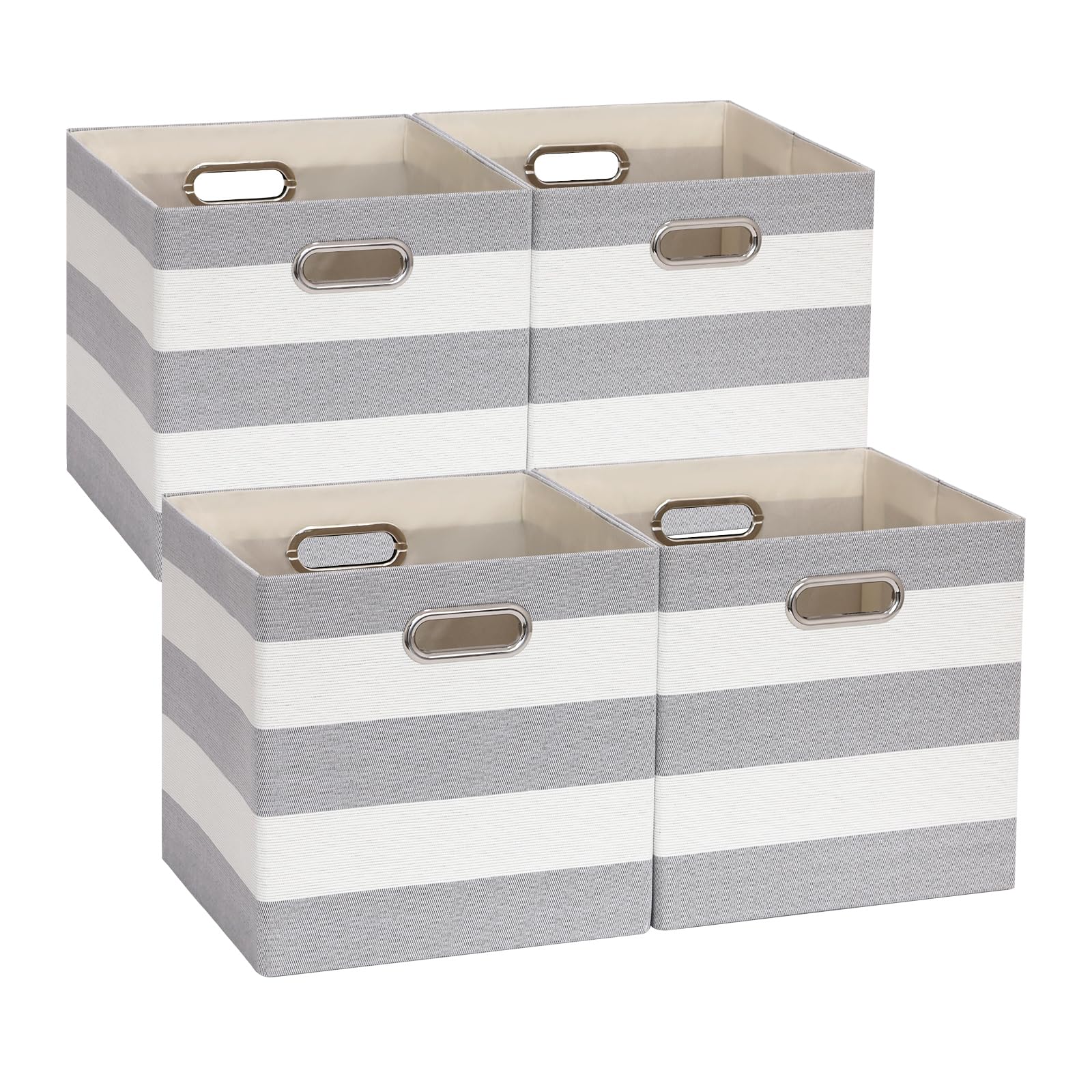 ORGMASTERCube Storage Bins, Collapsible Fabric Storage Cubes, Cubby Storage Organizer Bins Striped Container Baskets for Home Office Wardrobe Closet Shelf, 4 Pack, 33 x 33 x 33 cm, Gray/White