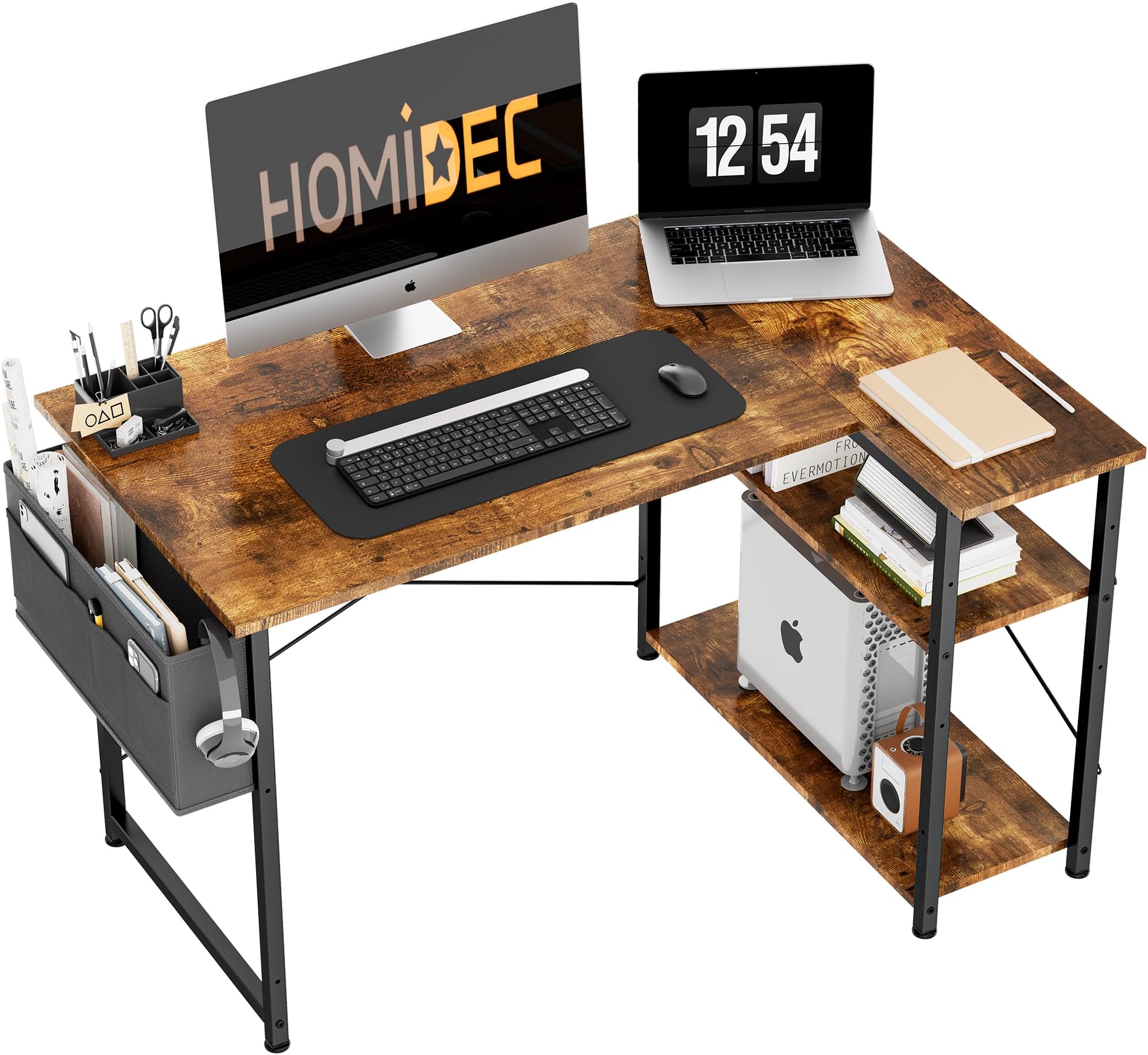 HOMIDEC L Shaped Desk 100CM Computer Desk Study Office Table GamingDesk Writing Table With Bookshelf Reversible Corner Table For Home Office Studio Workstation