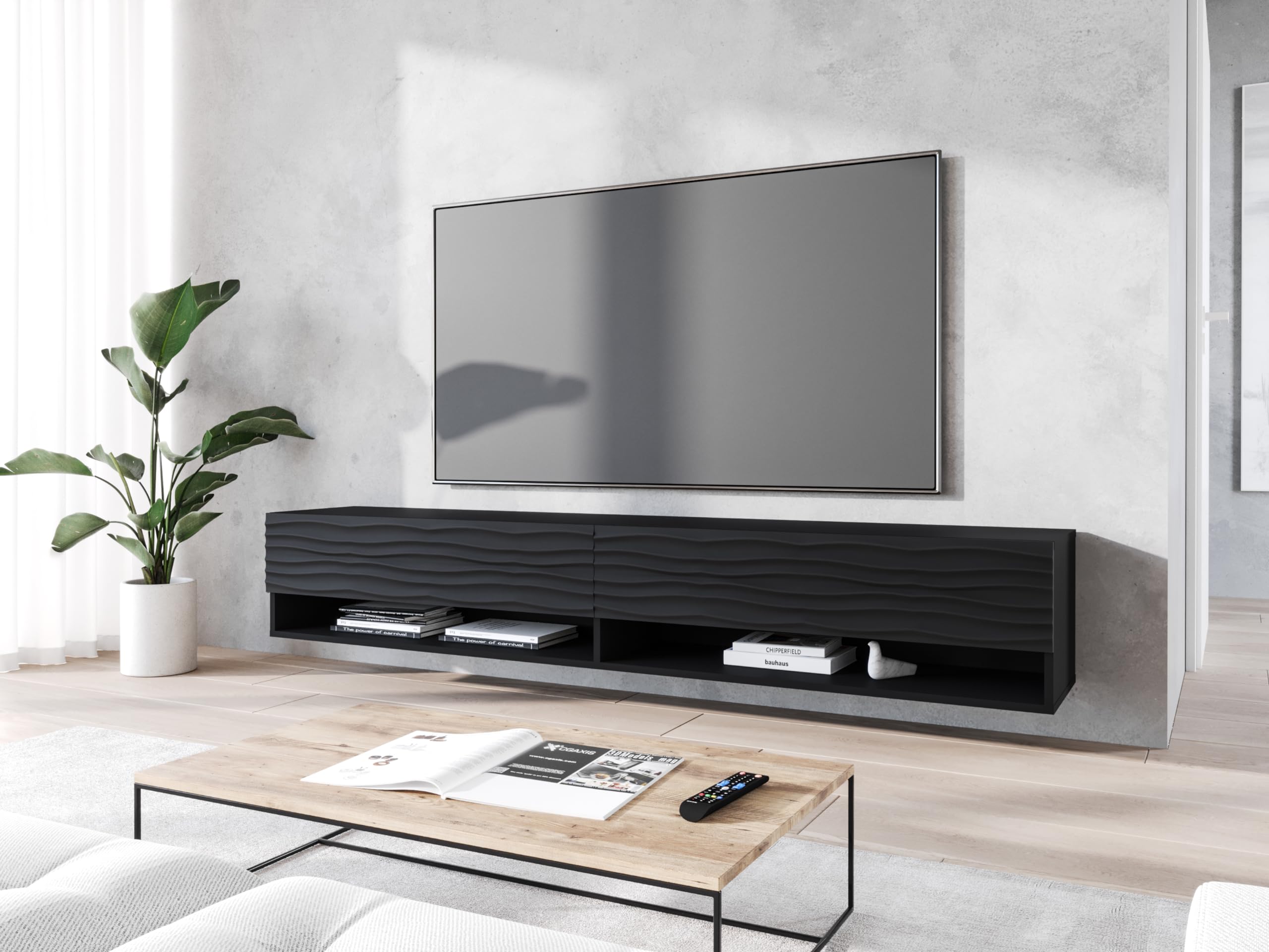 Meuble TV 180 cm noir ondulé avec éclairage LED en option, deux étagères, support TV suspendu