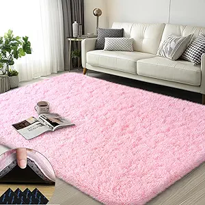 Pink Rugs for Bedroom, 3x5 Feet Fluffy Area Rugs for Living Room, Soft Shag Kids Rug Small Carpet with 4 Non-Slip Rug Pads (3ft x 5ft, Pink)