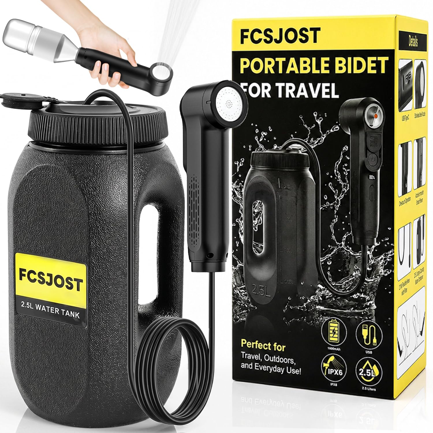 Bidet portatile da viaggio, bidet elettrico ad alta pressione per donne e uomini, batteria 1600 mAh, doppia modalità di spruzzo regolabile, display a LED, serbatoio da 2,5 l, bidet portatile
