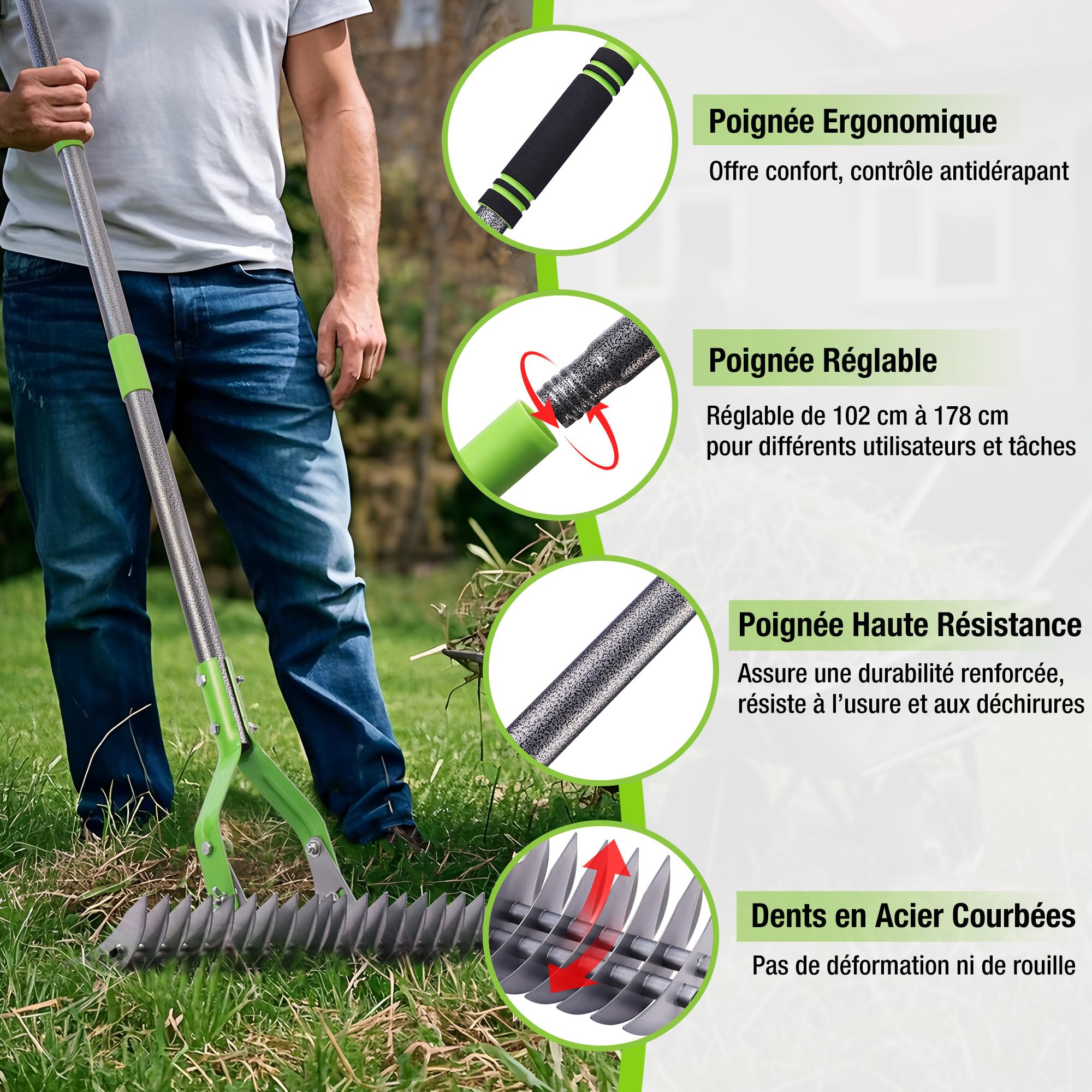 WORKPRO Râteau à Chaume 38 cm, Râteau Robuste pour Pelouse, Râteau à 19 Dents avec Manche Télescopique 1,78 m, Tête Réglable, Râteau de Défeutrage pour Éliminer Feutre, Débris et Aérer la Pelouse | Râteaux robustes avec tête réglable pour enlever les herb