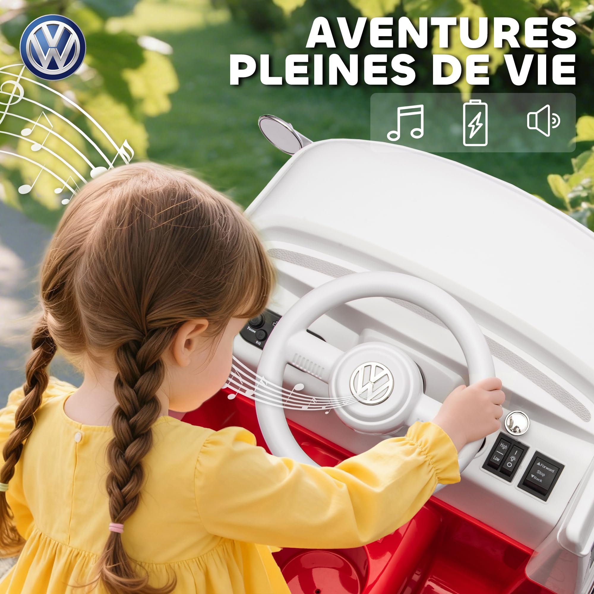 AIYAPLAY Voiture Électrique Enfant Volkswagen T1 12V 2 Moteurs Rouge | Véhicule Électrique, Démarrage Doux, Lecteur MP3, Phares LED, Klaxon