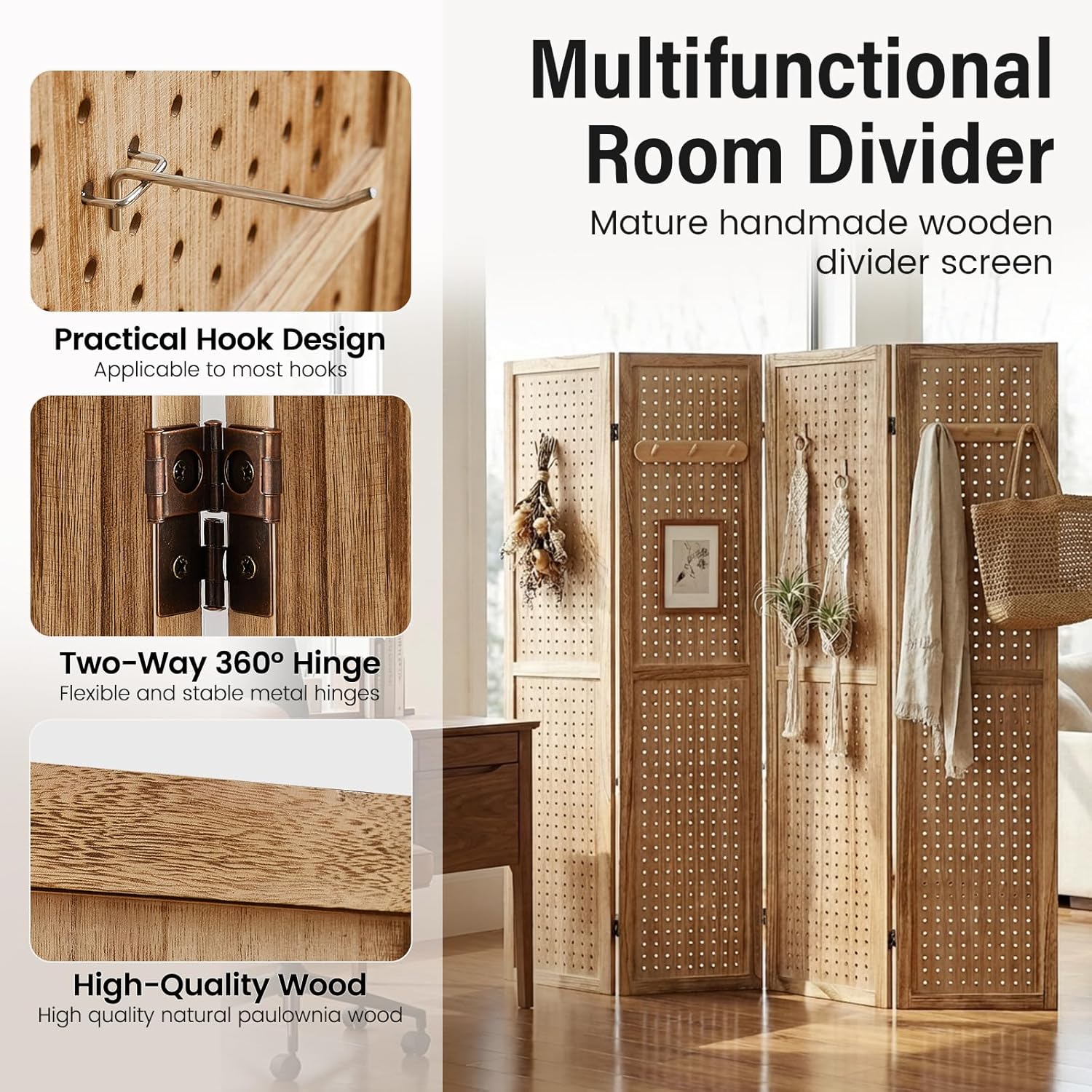 4 Panel Pegboard Room Divider, 5.6 Ft Folding Privacy Screen, Freestanding Wooden Display Board Organizer for Craft Show, Jewelry Display, Bedroom, Office, Natural